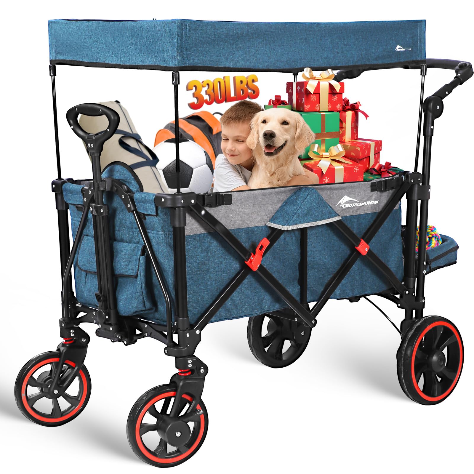 Stroller Wagon with 330LBS, All-Terrain Foldable Wagons for 2 Kids with Removable Canopy, Adjustable Push/Pull Handle for Shopping & Camping, Shock-Absorbing Wheels, Blue