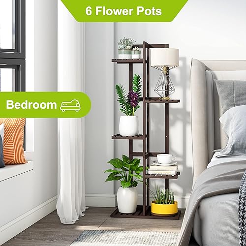 Miniatura 5 de BMOSU Soporte para plantas de esquina de interior, estante alto para plantas de 6 flores en maceta, soportes de bambú para plantas al aire libre,