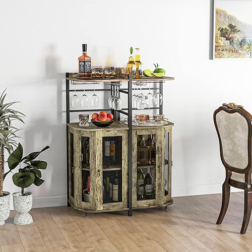 Miniatura 2 de Giantex Armario de barra de esquina con soporte para vidrio, gabinete de vino industrial con puertas de malla metálica y estante ajustable, gabinete