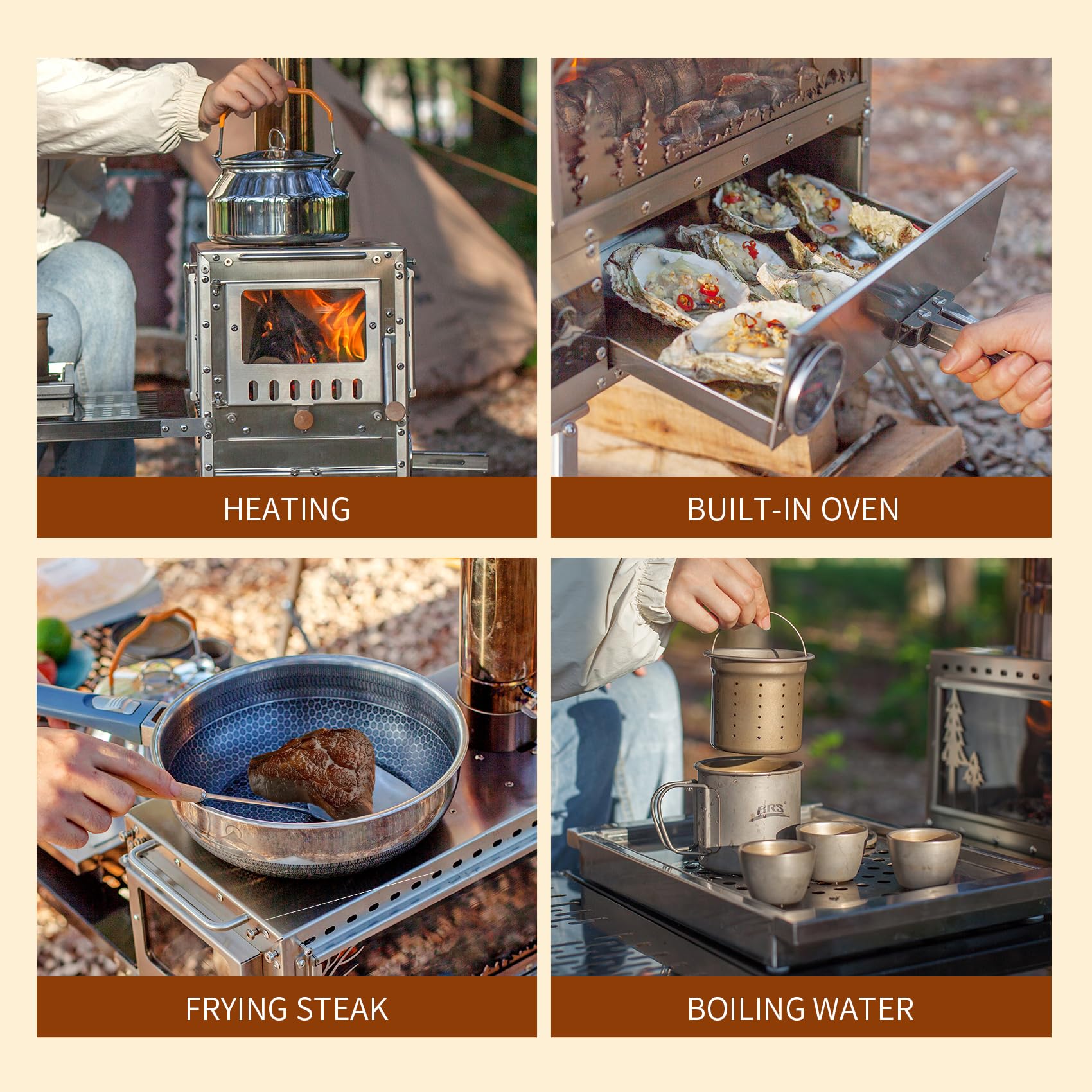 Estufa de leña, estufa de leña, estufa de tienda de campaña caliente, estufa de campamento portátil de acero inoxidable con horno y mesa de campamento y 6 tubos de chimenea para exteriores, camping 8