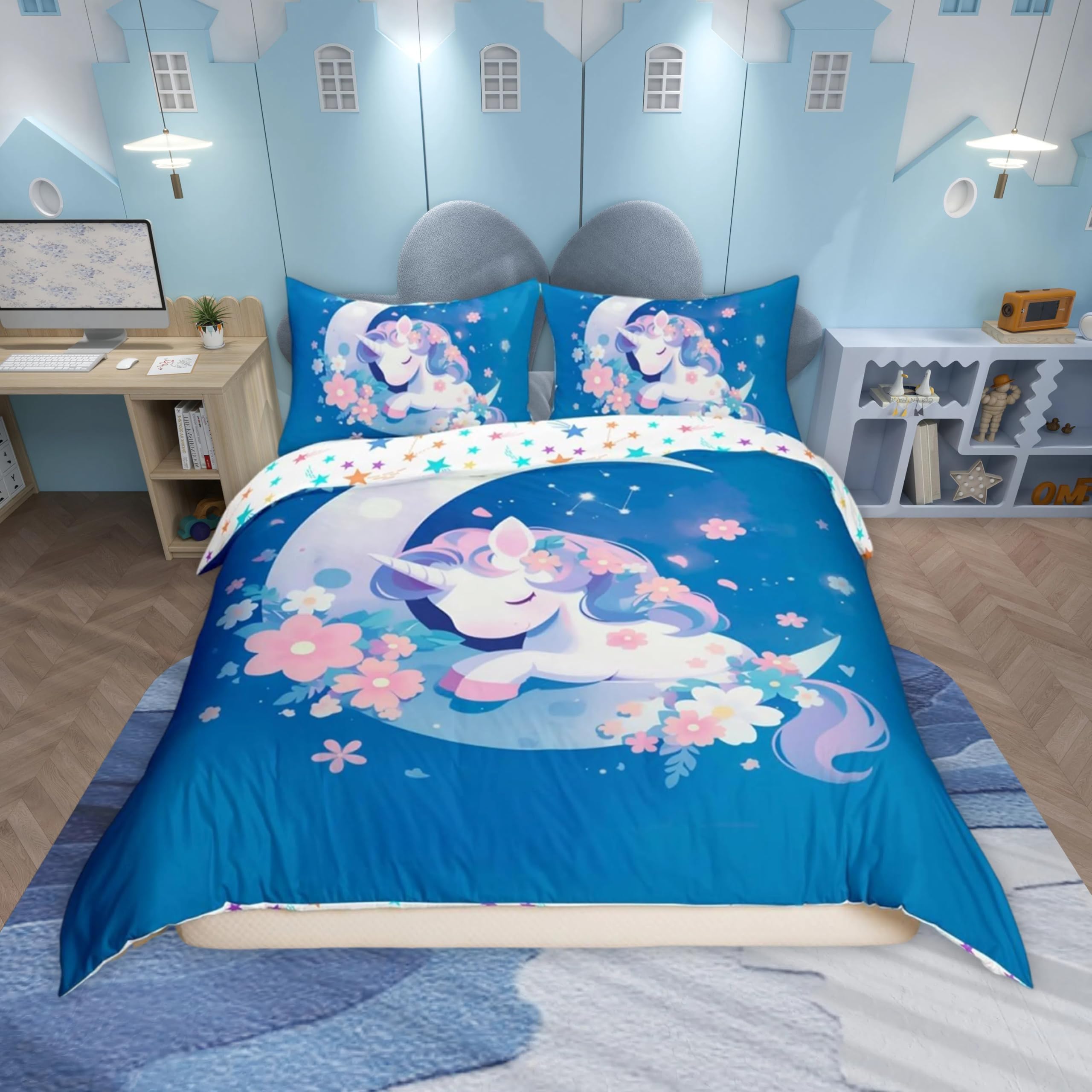 Homemissing Cute Unicorn Duvet Cover Set Cot Size Children Girls Kawaii Bedding Set Floral Flower Duvet Cover with 1 Pillowcase Moon Cloud Dark Blue โ image 1