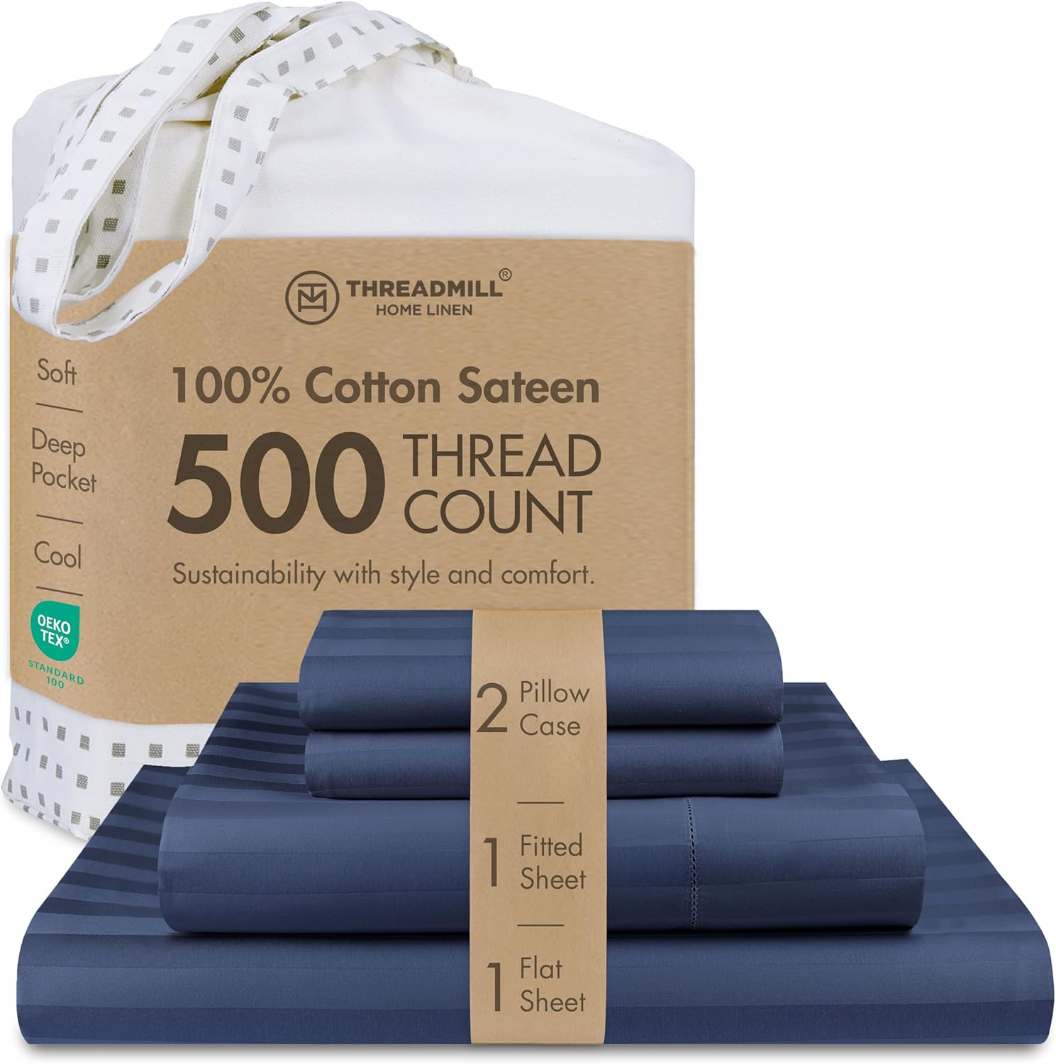 Threadmill 500 Thread Count Full-Size Damask Stripe, 4 Pc Luxury Cotton Sheet Set, Silky Smooth Folkstone Blue Sheets with 16" Elasticized Deep Pocket, 2 Pillowcases & Free Tote Bag