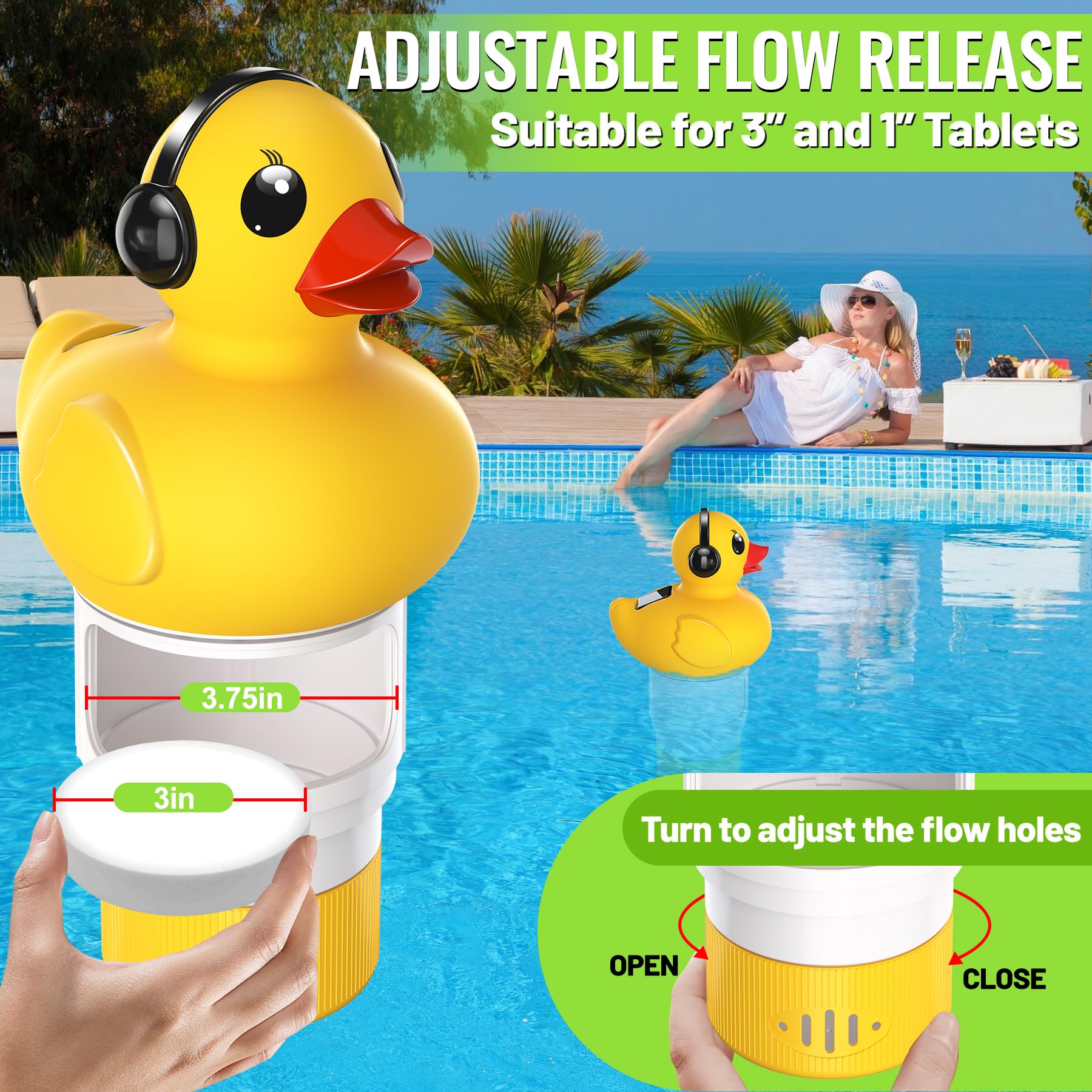 KingSom Diffuseur Chlore Piscine, Caneton Distributeur de Chlore Flottant, Diffuseur de Chlore pour Piscine avec Lumière Solaire, Fotteur Chlore Piscine à Débit Réglable, Doseur Diffuseur Flottant,Spa