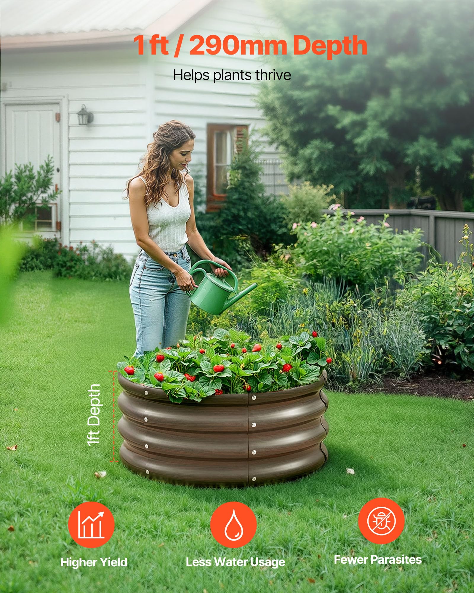 VEVOR Cama Elevada de Jardín 600 x 290 mm Redonda 3 Piezas, Jardinería Elevada de Metal con Base Abierta para Cultivo de Flores Plantas Hierbas Huerto con Accesorios para Jardín Terraza Patio Balcón