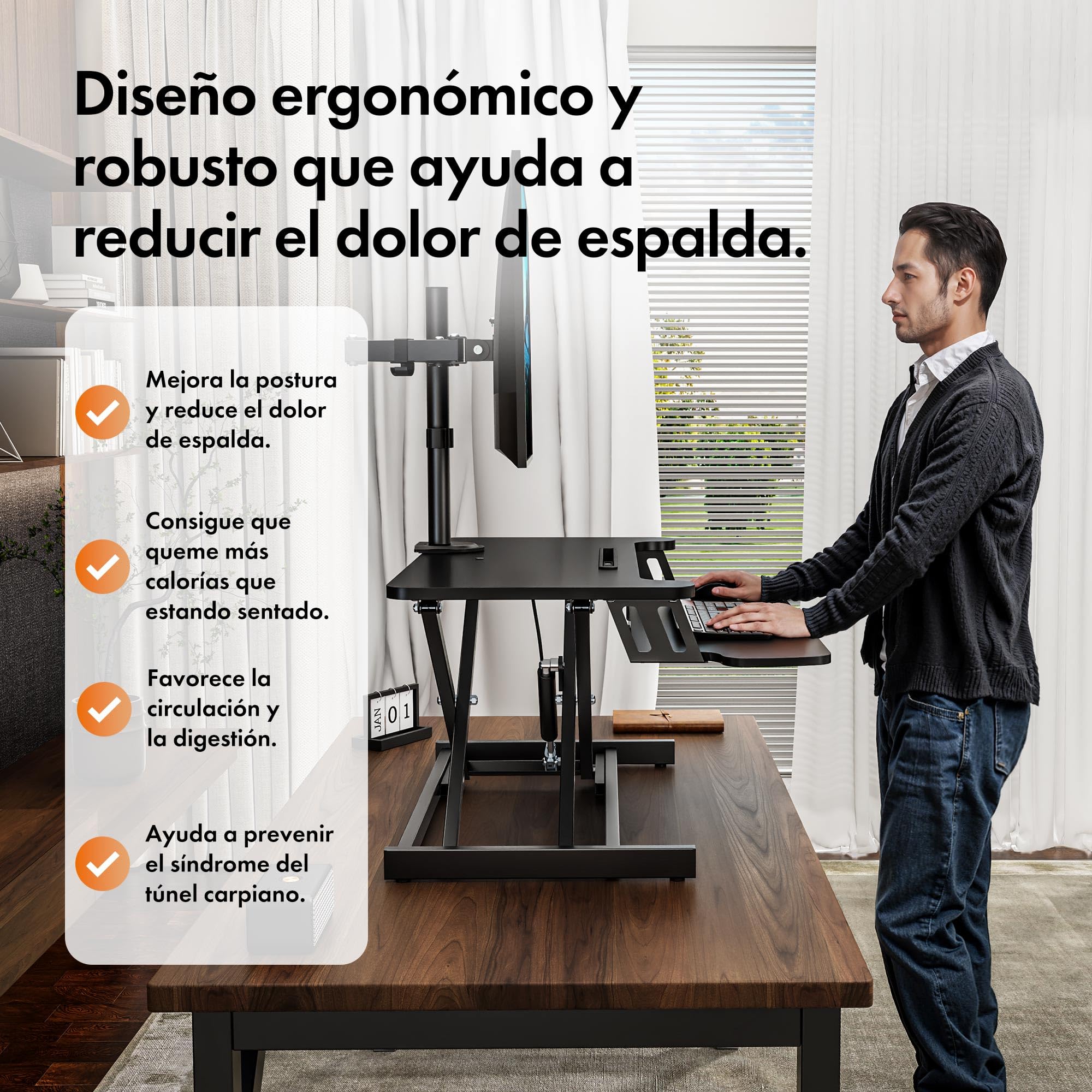 VonHaus Convertidor de Escritorio de Pie, Estación de Trabajo de Computadora Ajustable en Altura con Estante para Teclado, Elevador de Escritorio con Soporte para Tableta (Negro)