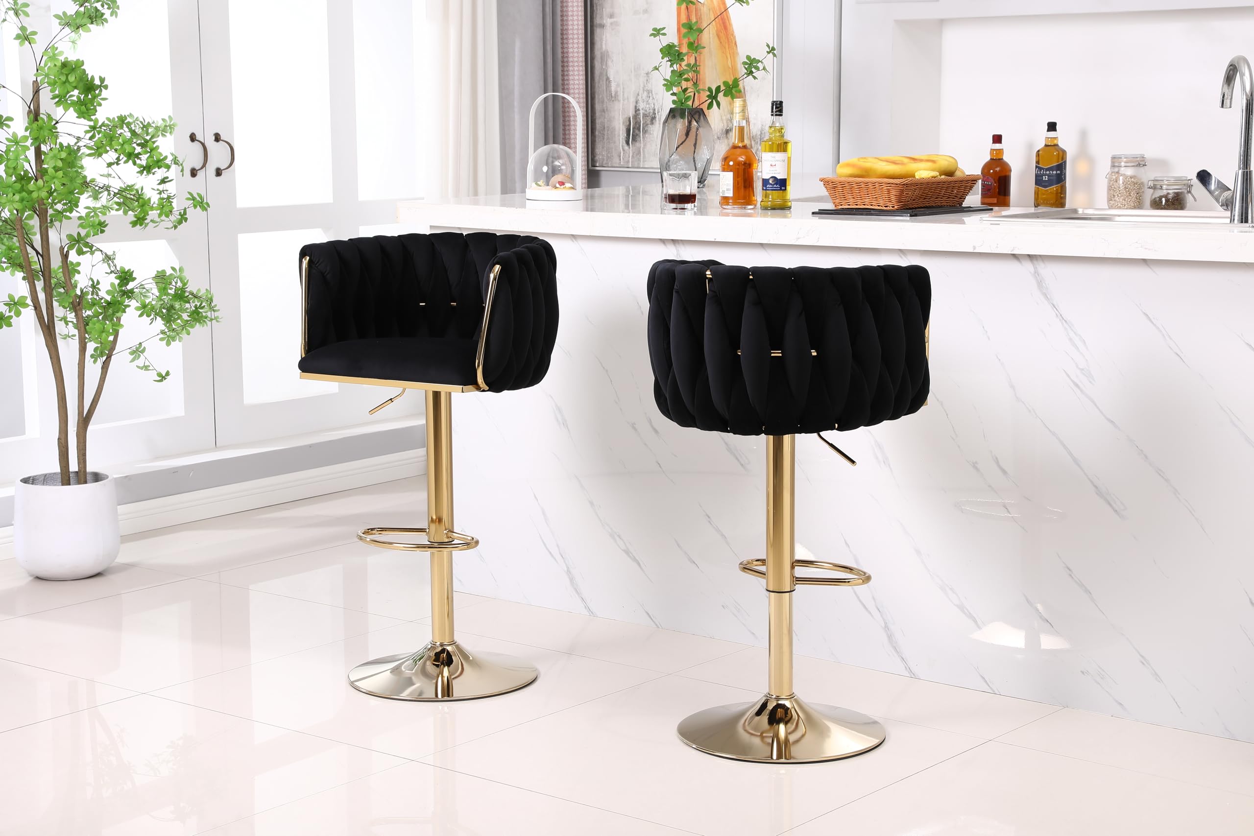 FEFE Modern Set Of 2 Bar Stools - 360 Degree Swivel Bar Stool With Gold Base Adjustable Counter Height Velvet Kitchen Island Chairs For Dining Room, Kitchen, Cafe Pub Barstools (2, Black)
