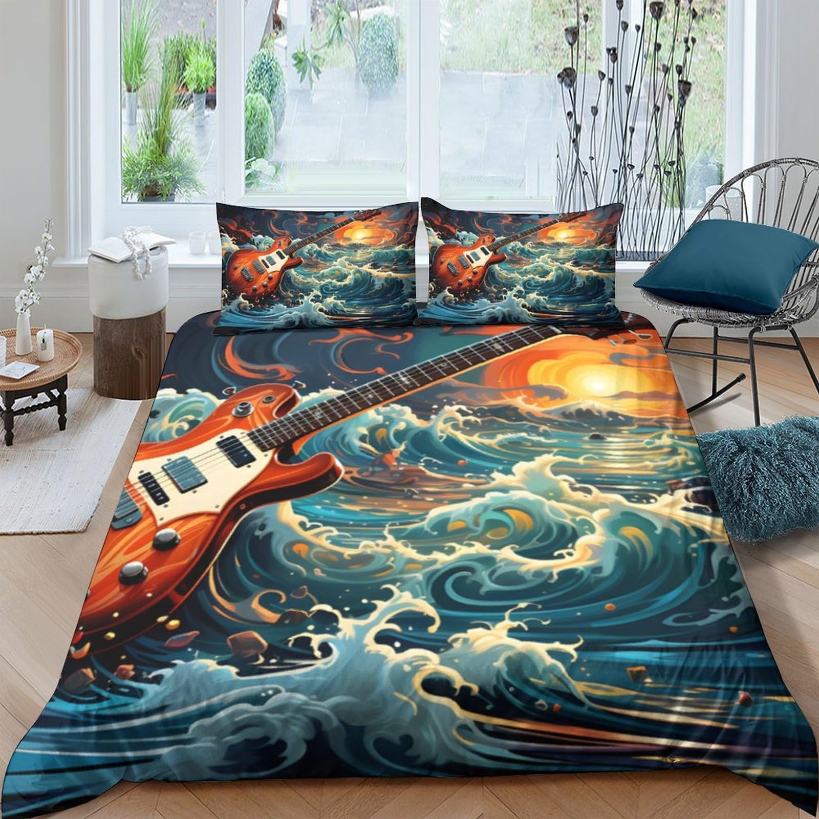 Ctjqhvkz Style-10 3D Printed Ocean Wave Guitar Fitted Sheet Microfiber Soft Artistic Bed Cover For Bedroom Dorm Mattress Protection Decor Single（135X200cm）