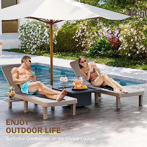 Miniatura 2 de CDCASA Juego de 2 tumbonas para exteriores, sillas de piscina con 5 posiciones ajustables y bandeja lateral, sala de descanso de resina impermeable