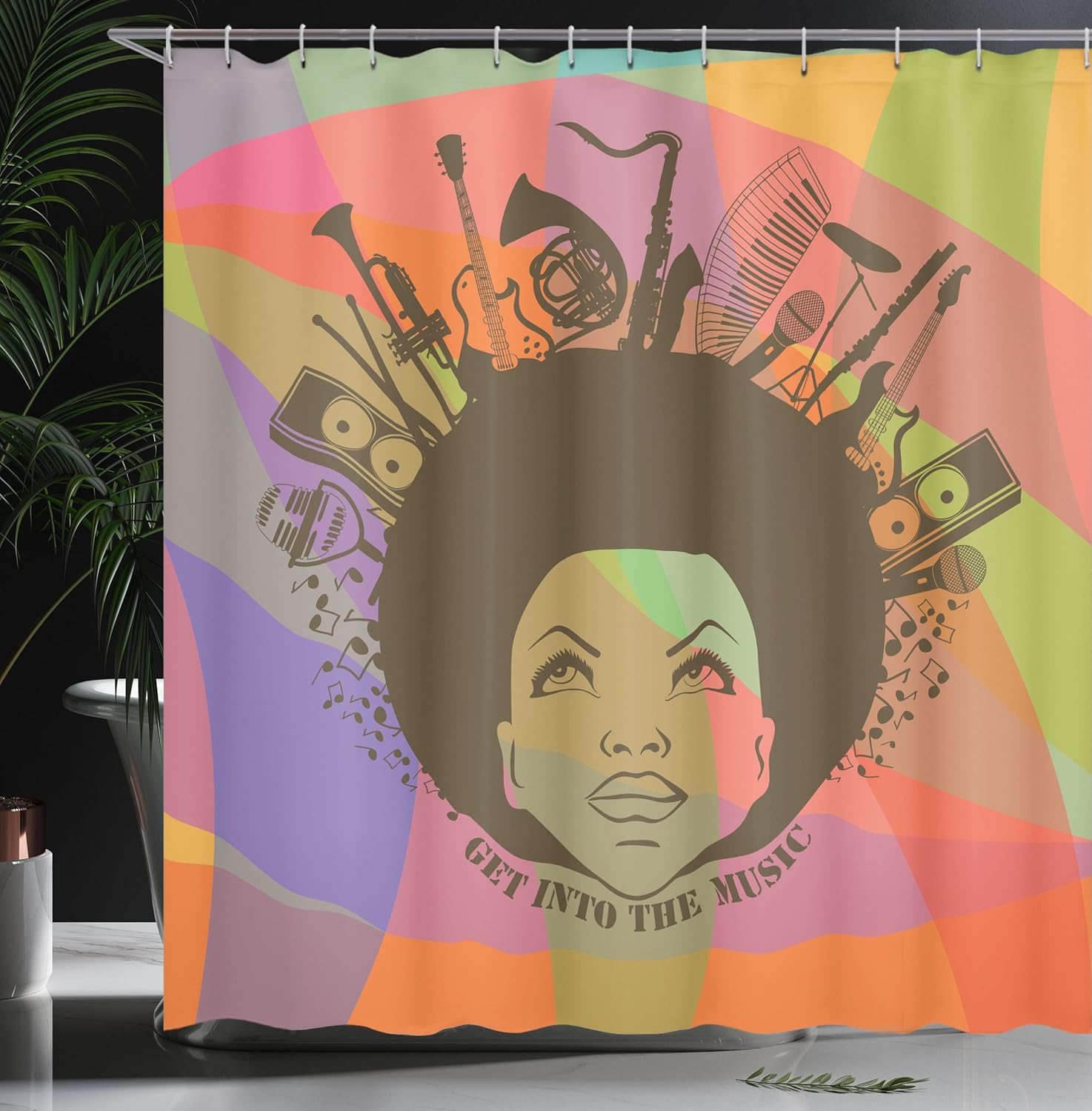 Ambesonne Music Shower Curtain, Illustration of American Young Woman Portrait with Musical Instruments Print, Cloth Fabric Bathroom Decor Set with Hooks, 69" W x 75" L, Multicolor Purple