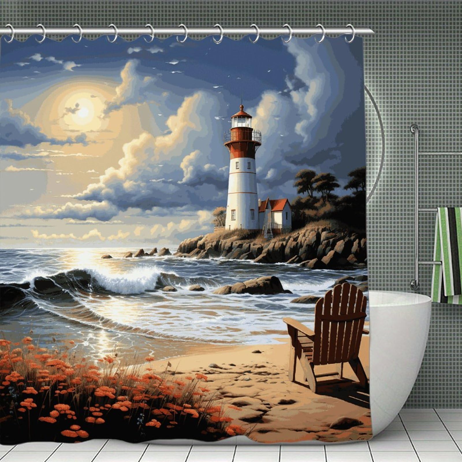 FekiLoot Sea Lighthouse Sandbeach Shower Curtain Minimalist Thick Bathroom Curtain Washable Modern Bathroom Shower Curtain Heavy Duty Waterproof Cloth Bath Curtain with Hooks 70.8"x70.8"