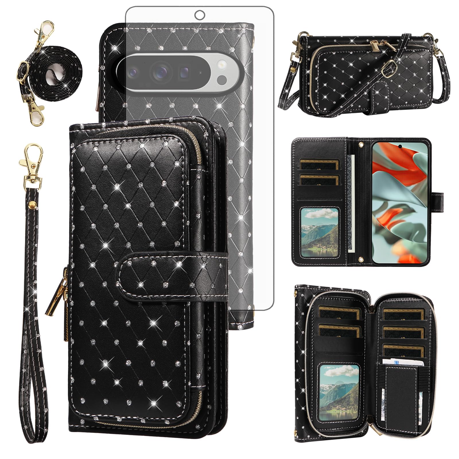 Asuwish Phone Cover for Google Pixel 9 Pro XL Wallet Case Cell Zipper with Tempered Glass Screen Protector Crossbody Lanyard Strap Bling Glitter Card