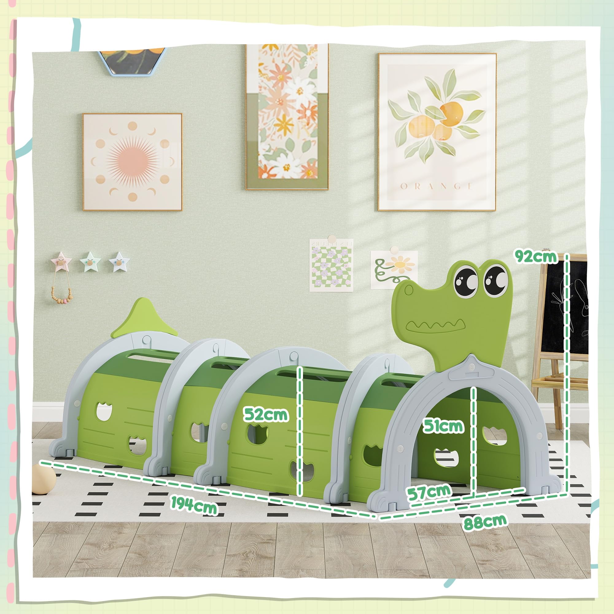 AIYAPLAY Tunnel da Gioco per Bambini 3-6 Anni a Forma di Coccodrillo, Tunnel Gioco da Interno ed Esterno in Plastica, Modulabile in Diverse Forme, Adatto per Asilo e Parco Gioco, Verde