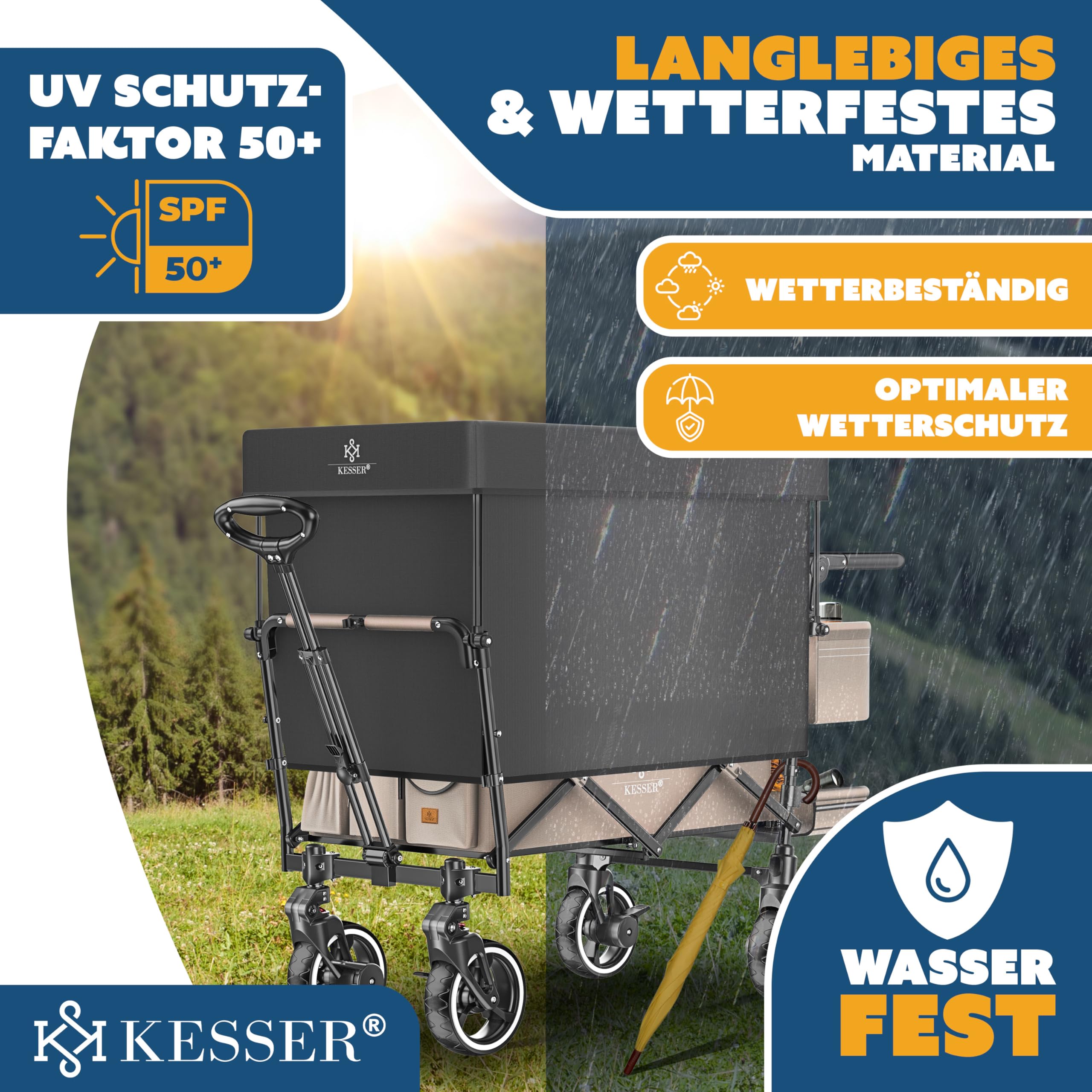 KESSER GTS-9100 - Carrello pieghevole con tetto, portata fino a 150 kg, con ruote in gomma dura e freni di stazionamento anteriore/posteriore, con serratura, copertura, intemperie e protezione da