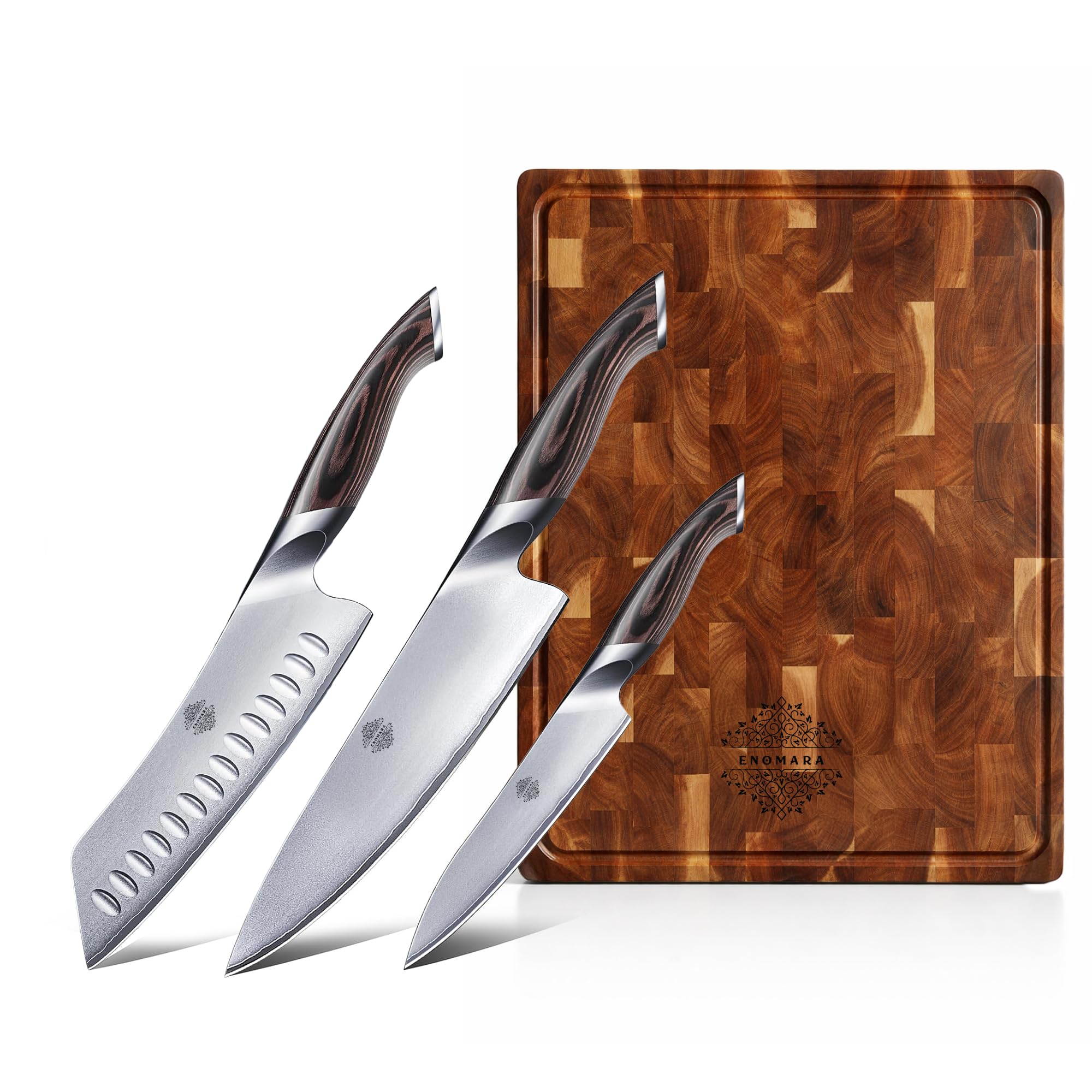 Set de cuchillos de cocina con tabla de acacia – regalo premium original para hombre y mujer – cuchillo chef, santoku y multiusos – acero inoxidable