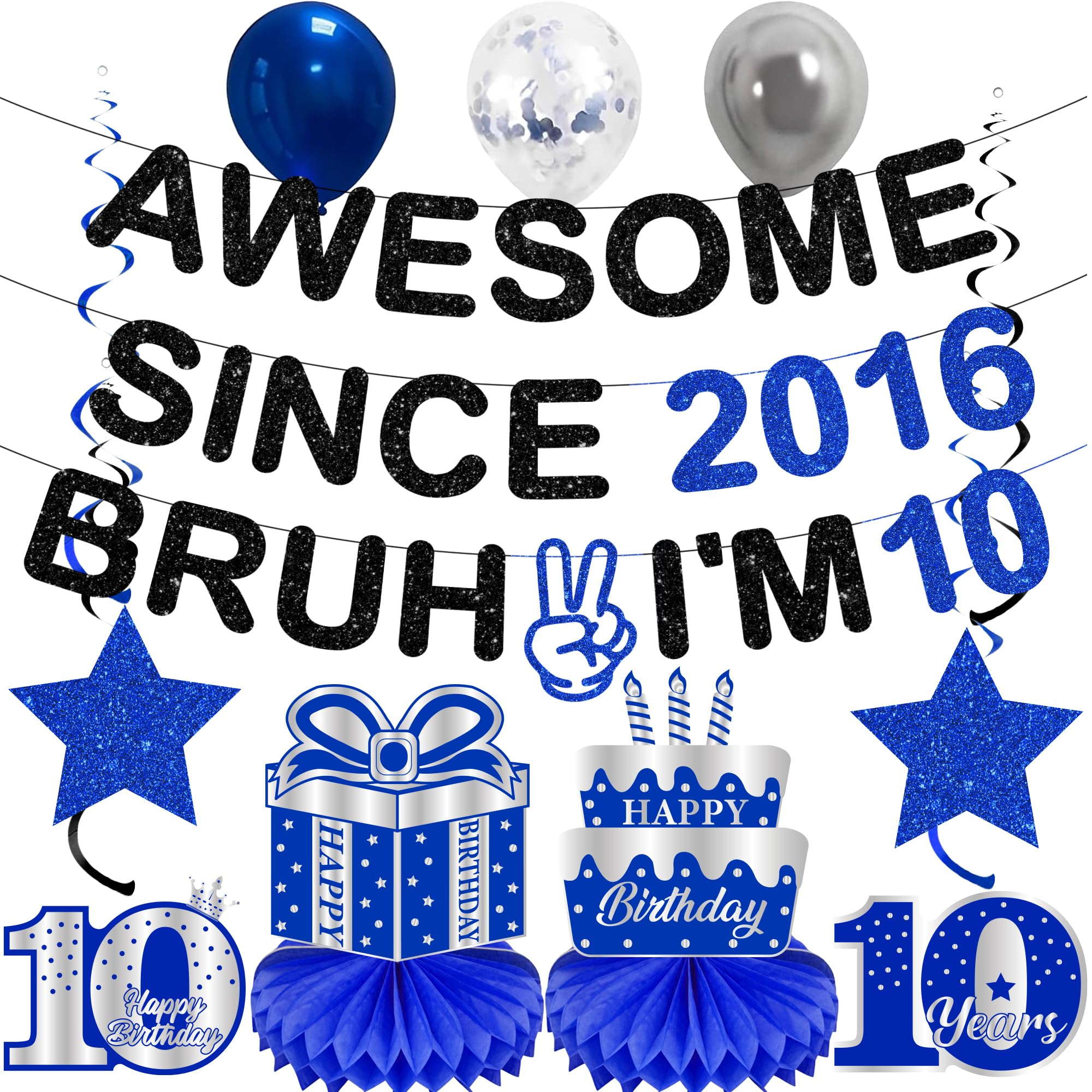 10th Birthday Decorations Double Digits - 12 Pcs Glitter Black Blue Awesome Since 2016 Bruh I'm 10 Banners Pre Strung Hanging Swirls Honeycomb for Him Boys 10 Year Old Party Decor Supplies