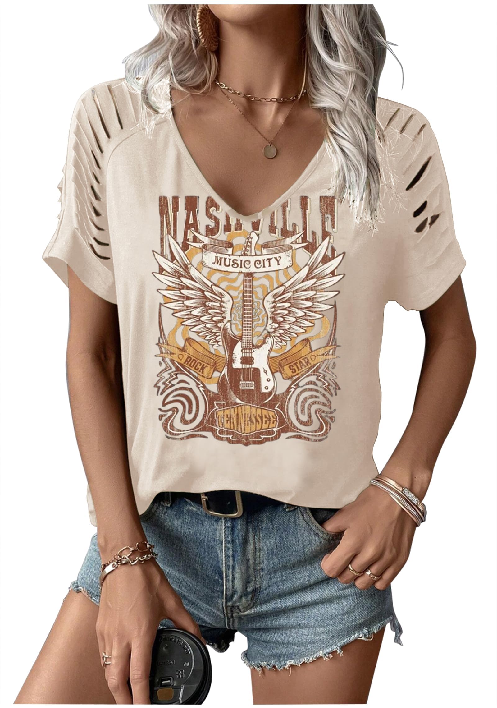 Rock Band T-Shirt for Women V-Neck Country Music Short Sleeved Shirt Retro Nashville Guitar Graphic Hollowed Tee Tops