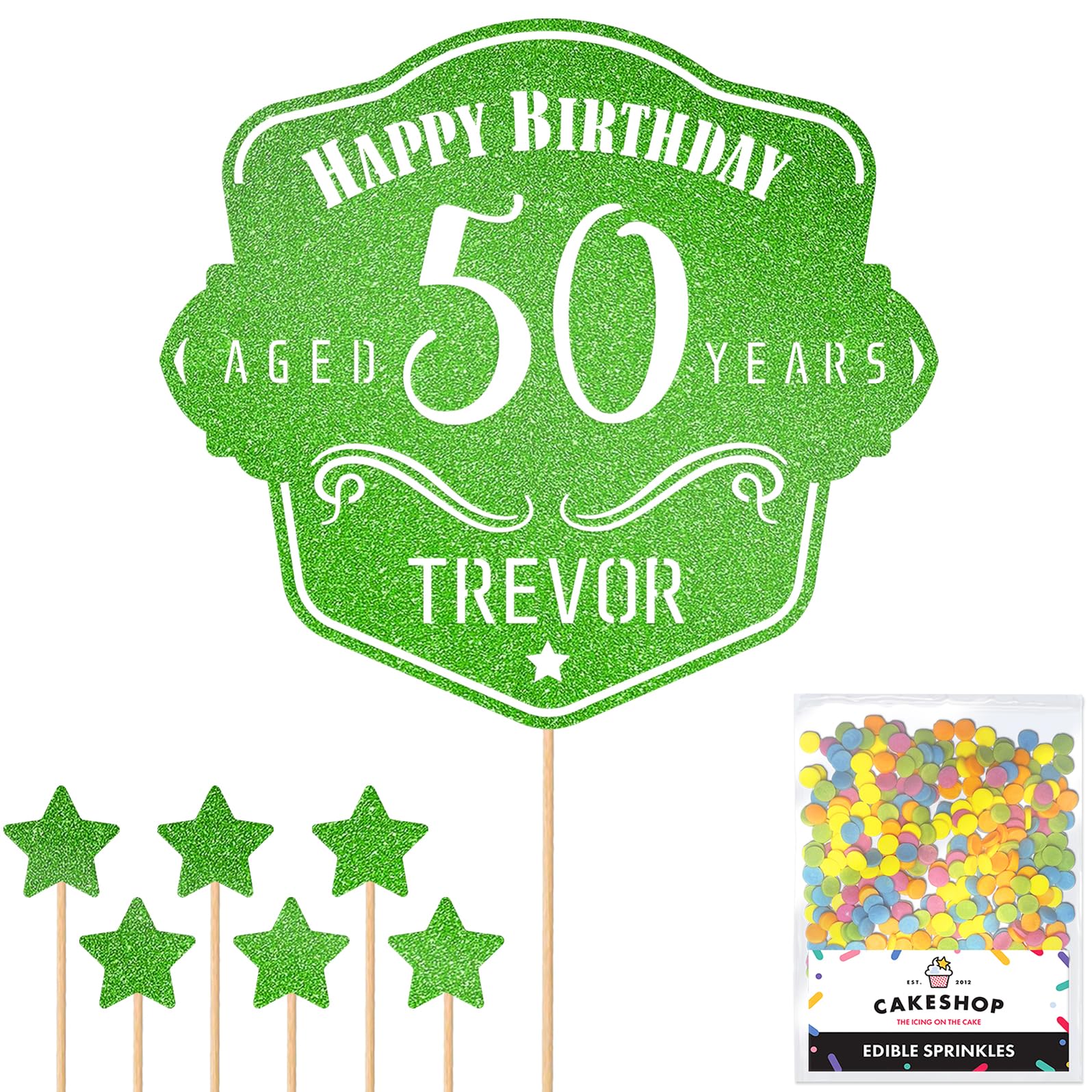 Personalised Whisky Label Glitter Cake Topper - Green Custom Age & Name Whiskey Glitter Cake Decoration and Sprinkles - Happy Birthday Decorations - Personalised Toppers for Cakes by Cakeshop