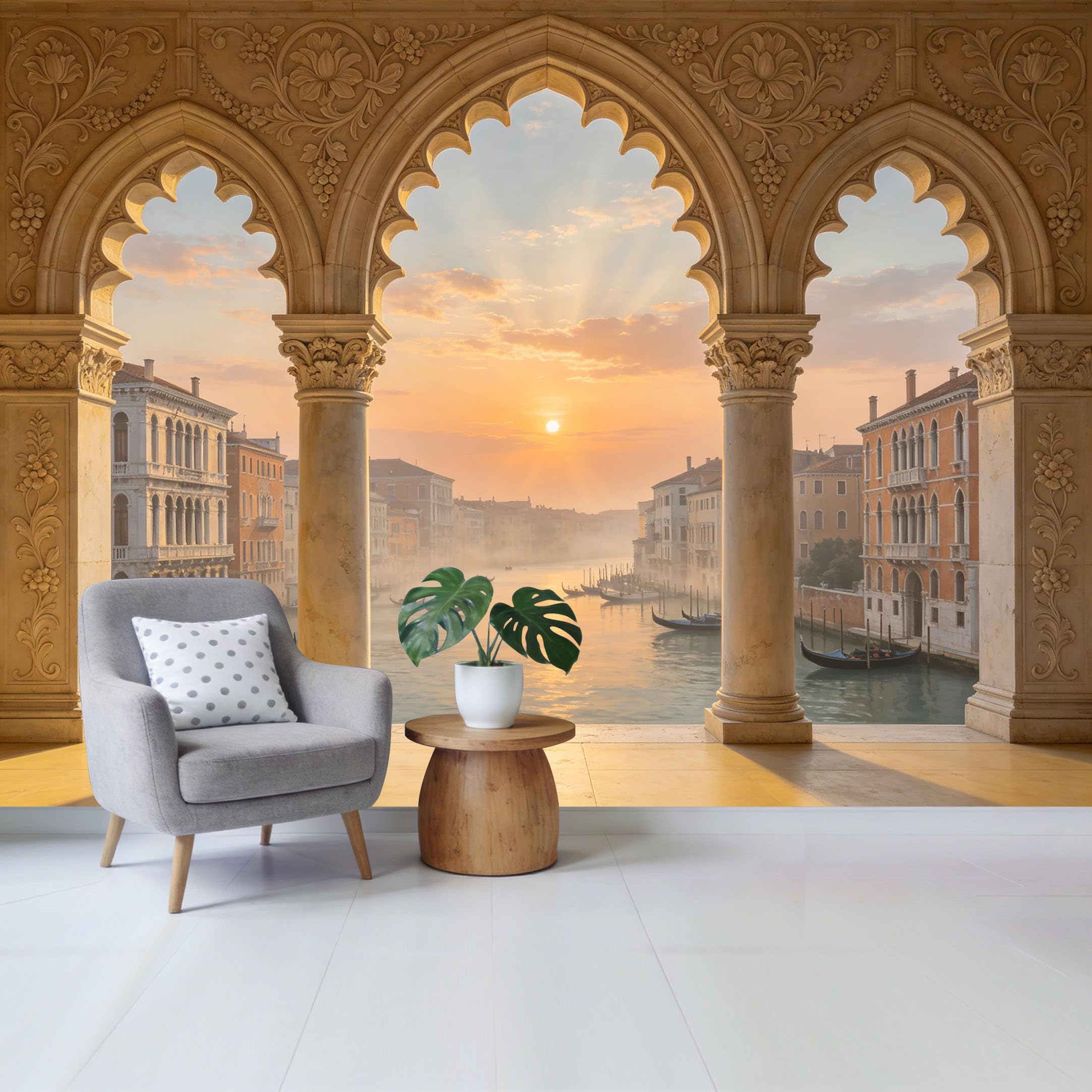 Removable Self Adhesive Fabric Mural， Venetian Sunset Canal Architecture Custom Size Wall Covering， UV Protected Waterproof Washable Wall Decor for Living Room Bedroom Bathroom
