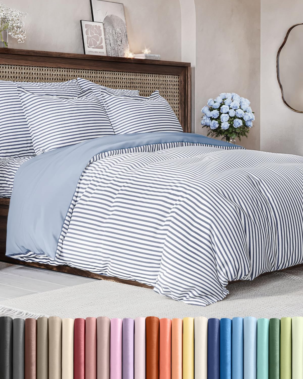 Duvet Cover King Size - 3 Piece with Zipper Closure - Blue Stripes