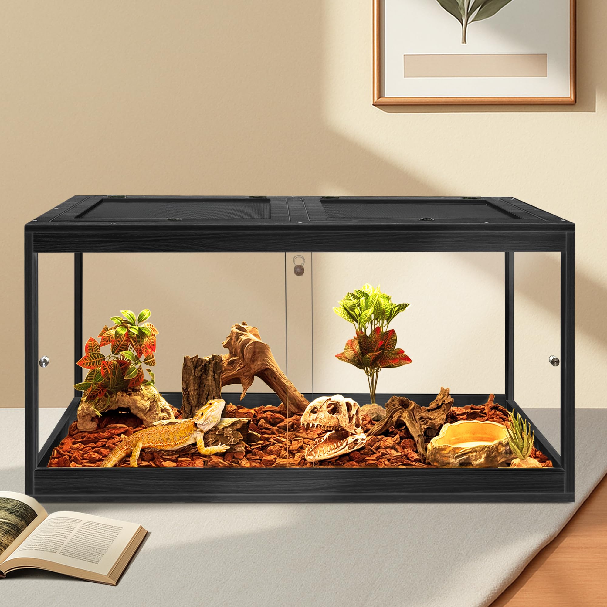PROLEE Tanque de dragón barbudo de 35 galones, 32 x 16 x 16 pulgadas, recinto para reptiles de vidrio templado con parte superior de malla de metal, puertas delanteras corredizas con cerradura