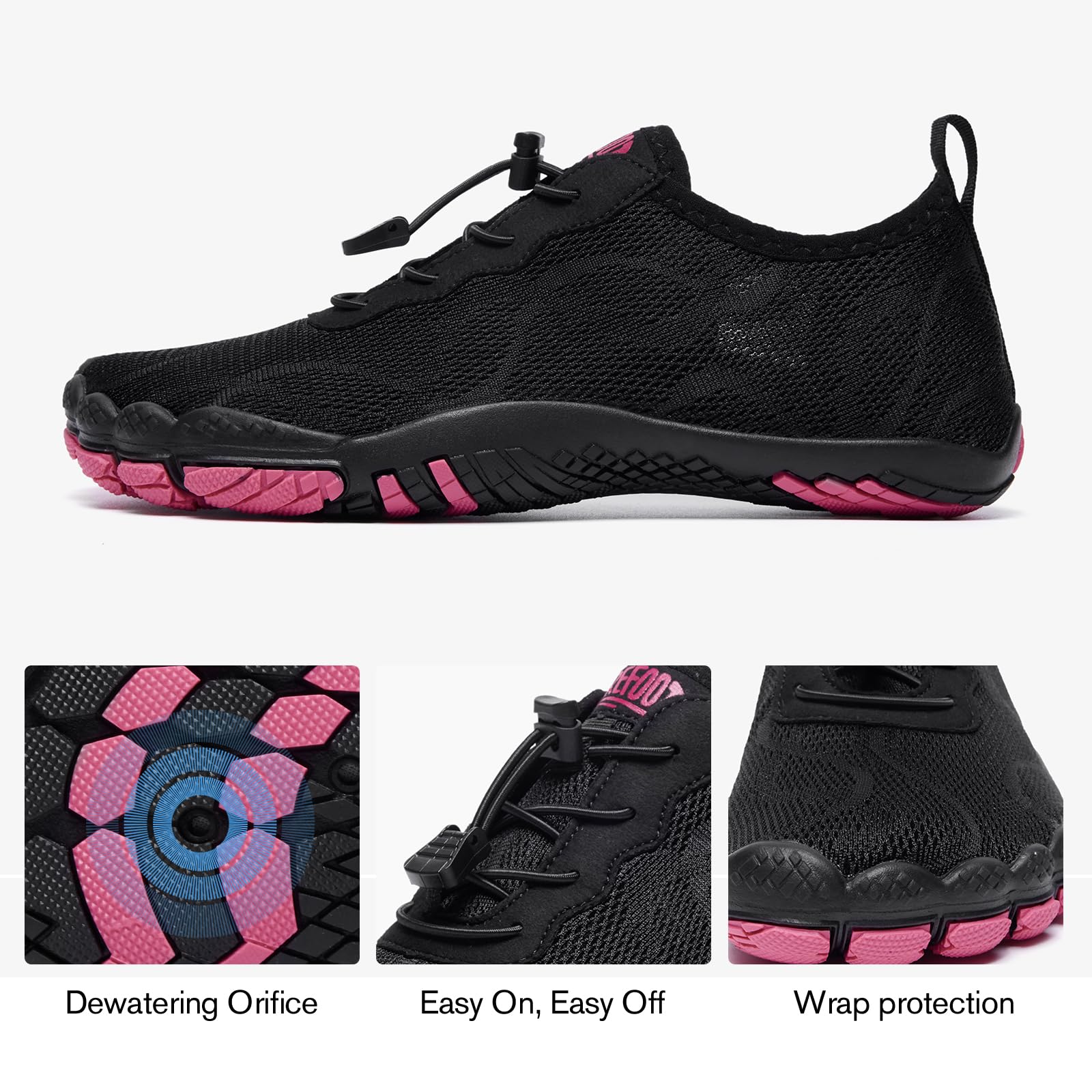 hiitave Zapatos de agua para mujer, de secado rápido, para natación, buceo, surf, deportes acuáticos, piscina, playa, caminar, yoga, negro/fucsia, 38 EU
