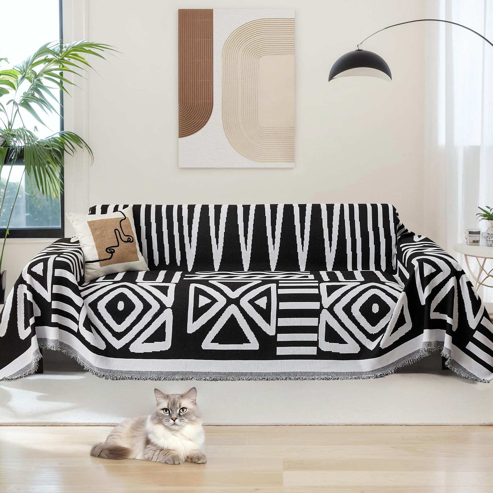 MIFXIN Chenille Reversible Sofa Slipcover for Corner Sofa, Solid Sofa Cover for 2 3 4 Seater L-Shaped Sofa Cover, Sofa CoverPet for Proof & Machine Washable (With Tassels) (Black, 180 * 260)