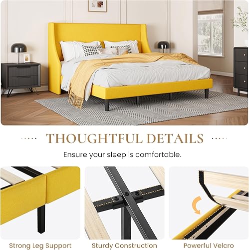 Miniatura 35 de SHA CERLIN Base de cama de plataforma tamaño Queen con cabecero tapizado, elegante diseño de respaldo de alas, soporte de listones de madera