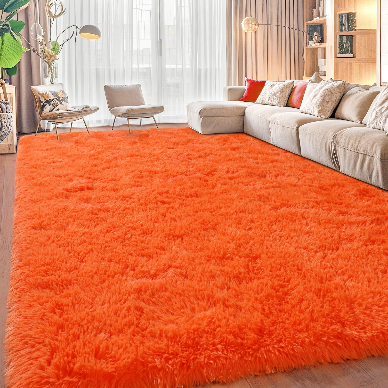 iEvery Orange Rugs for Living Room Large 160x230 cm, Plush Fluffy Bedroom Rug Non-Slip, Modern Soft Shaggy Indoor Carpet High Pile for Lounge Playroom Kids Girls Room