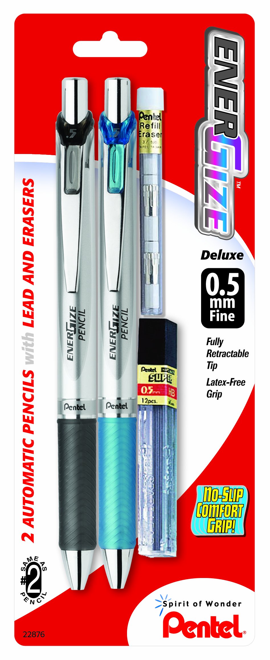 Pentel EnerGize Automatic Pencil with Lead and Erasers, 0.5mm, Assorted, 2 Pack (PL75LEBP2)