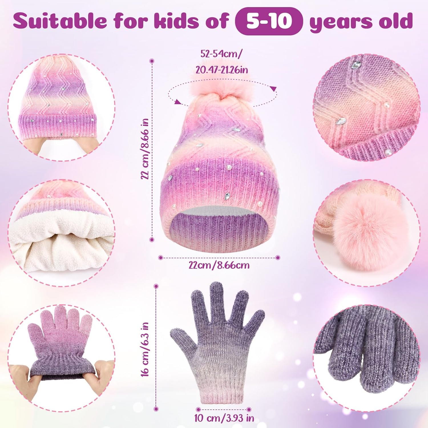 3 Pcs Kids Hat Scarf and Snow Gloves Set for Children Girls Age 5-10 Pompom Hat Mittens Scarves Kid Knit Beanies Cap - Image 2