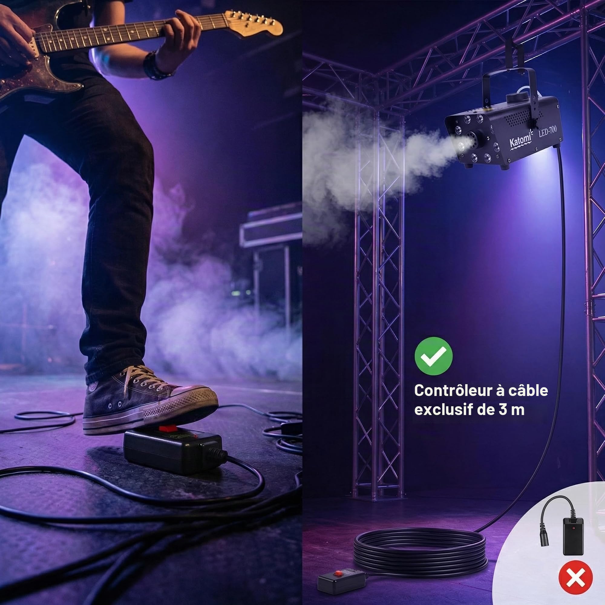 Machine à Fumée 500W avec 8 LED RGB, Mini Fog Machine avec Pédale de Commande 3m & 2 Télécommandes, Automatique pour Halloween, Soirée, DJ, Scène & Mariage