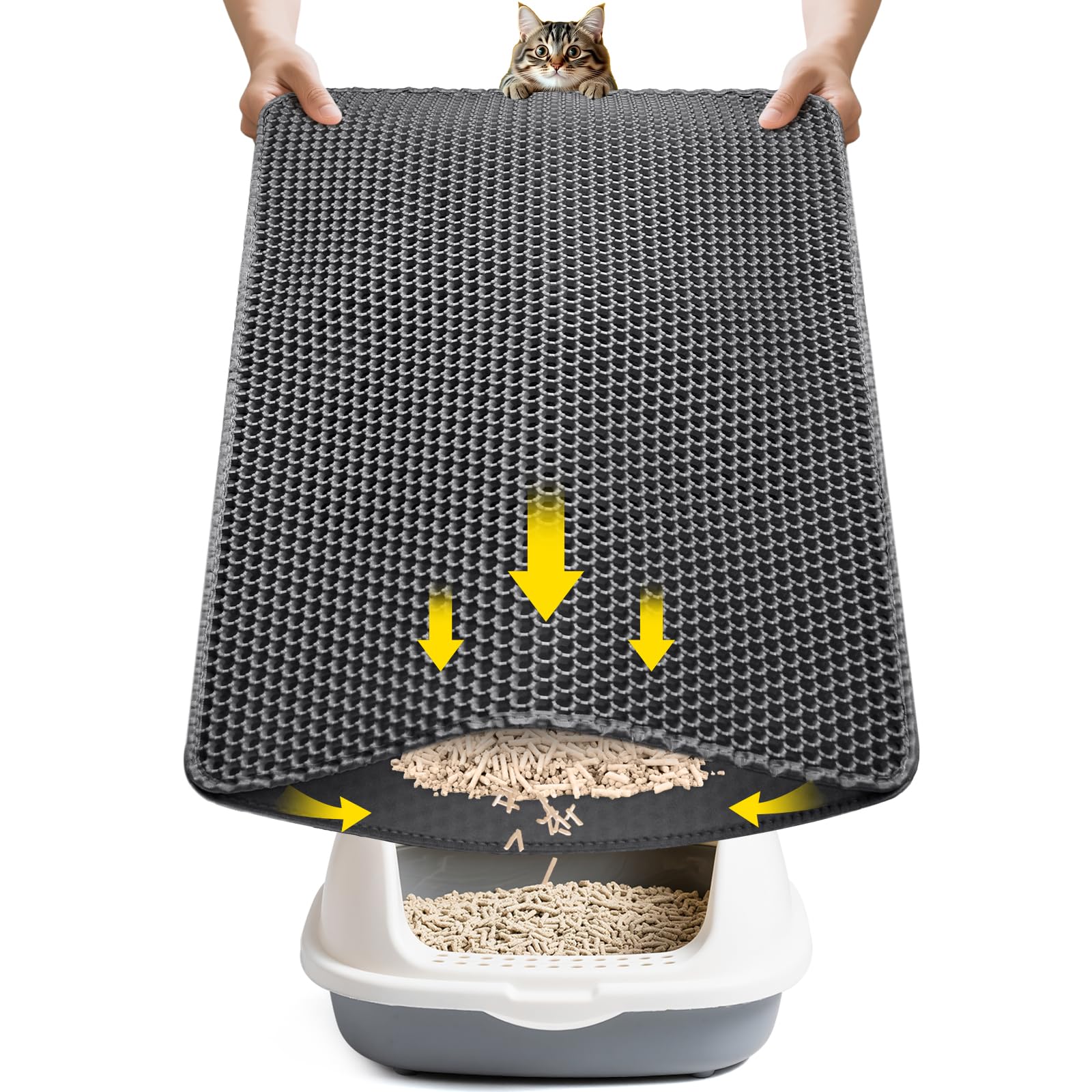 Double-Layer Cat Litter Trapper Mat - Heavy Duty Anti-Tracking Litter Box Mat with Deep Grooves & Waterproof Bottom - Stops Mess, Easy Clean (Gray,L)
