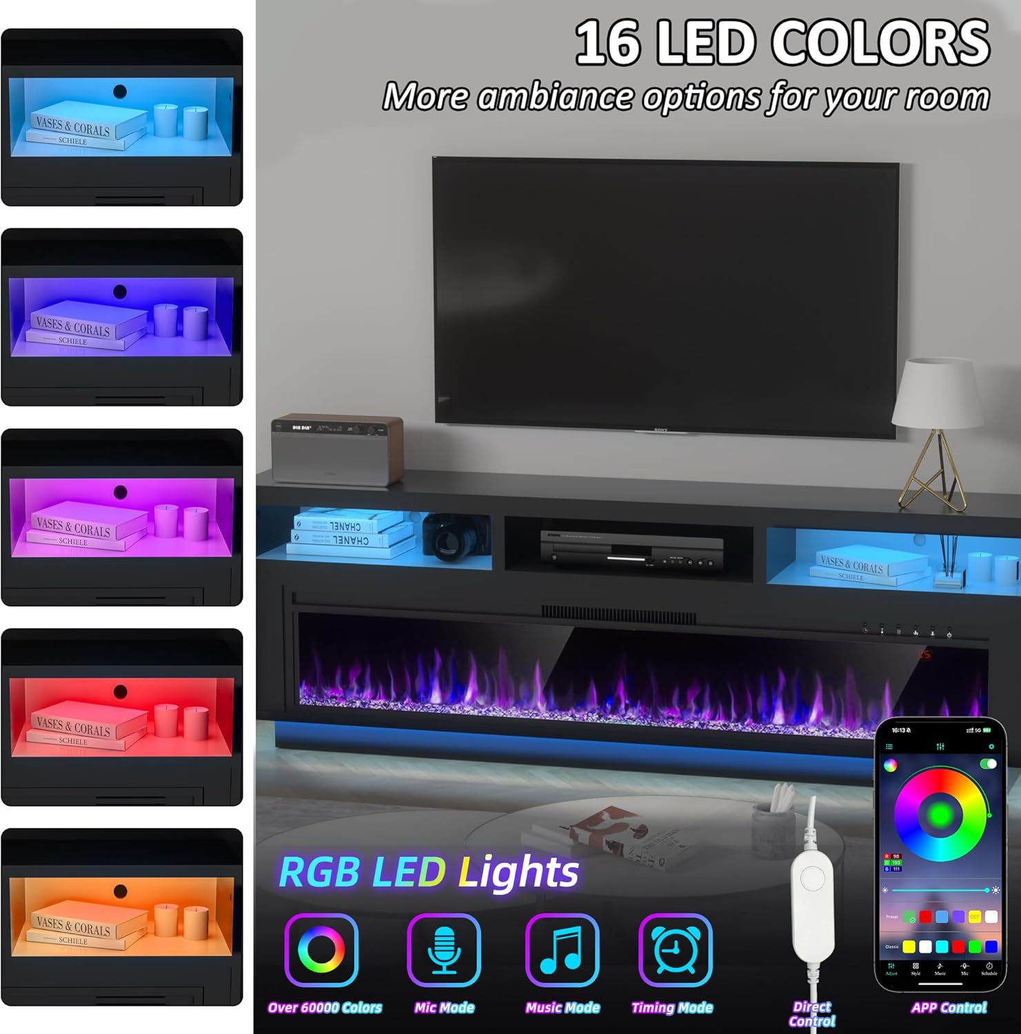 AHB 58" Fireplace TV Stand for TVs Up to 65" with 52" Electric Fireplace, TV Console for The Living Room, LED Light Entertainment Center, Storage Cabinet, Media Console Table, Black - Image 4