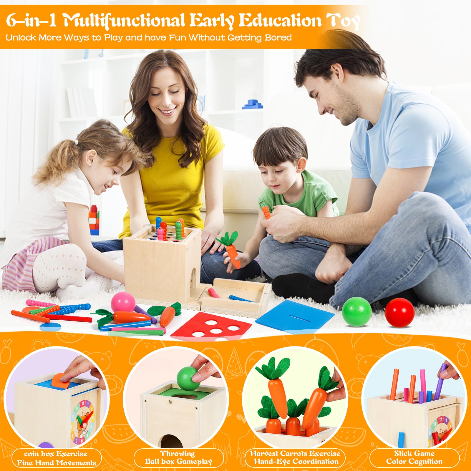 Purpledi Giochi Legno Bambini, 6 in 1 Giochi Montessori Cubo Multiattivita Legno Gioco per 1 2 3 Anni Ragazzi Ragazze, Interattivo Giocattoli Educativi per Bambini Come Regalo di Natale (A)