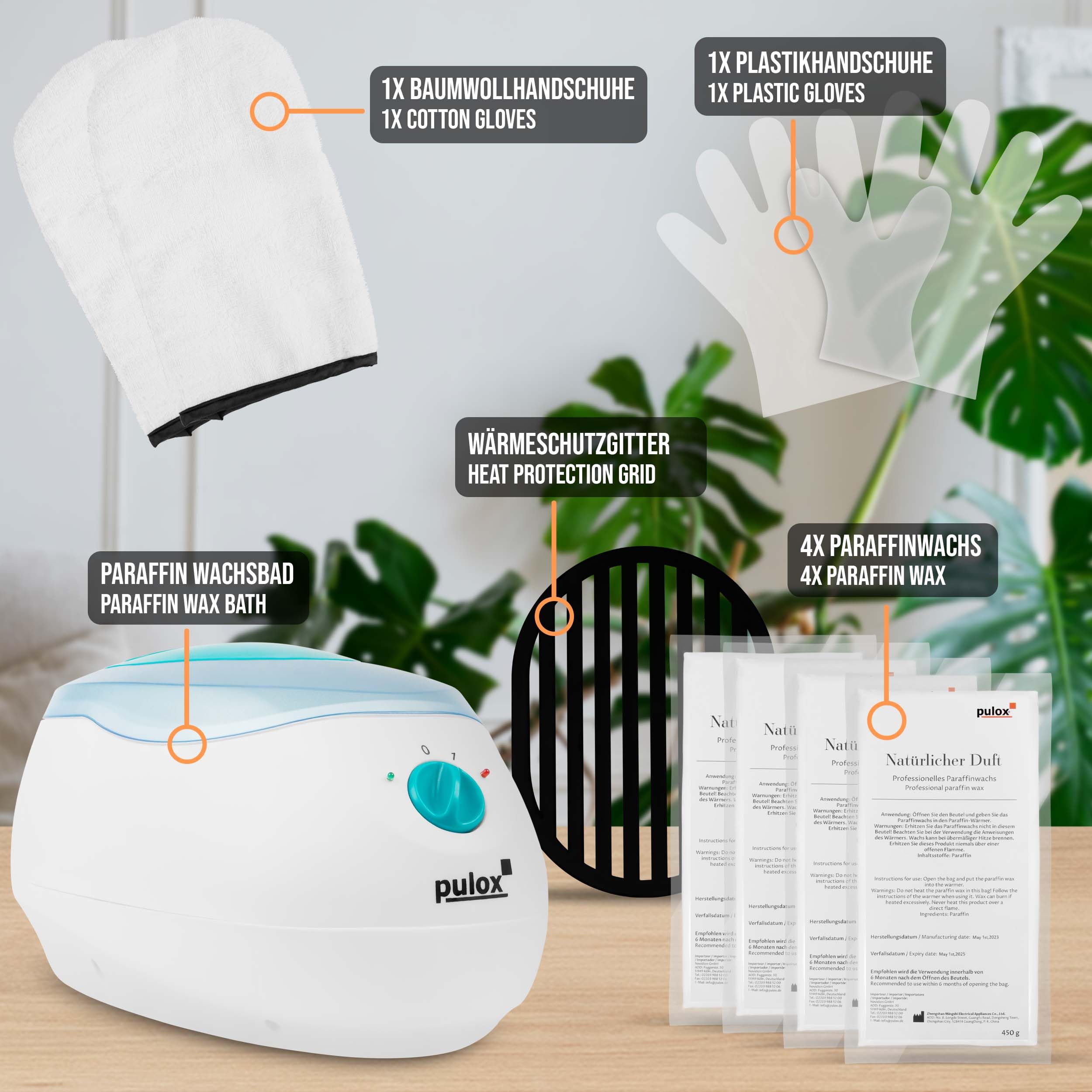 Pulox Paraffinbad mit 4x Paraffinwachs für Wärme- & Pflegeanwendungen | Wachsbad zum Schmelzen von Paraffin, ideal für Hand- und Fußpflege, Wellness sowie kosmetische Anwendungen