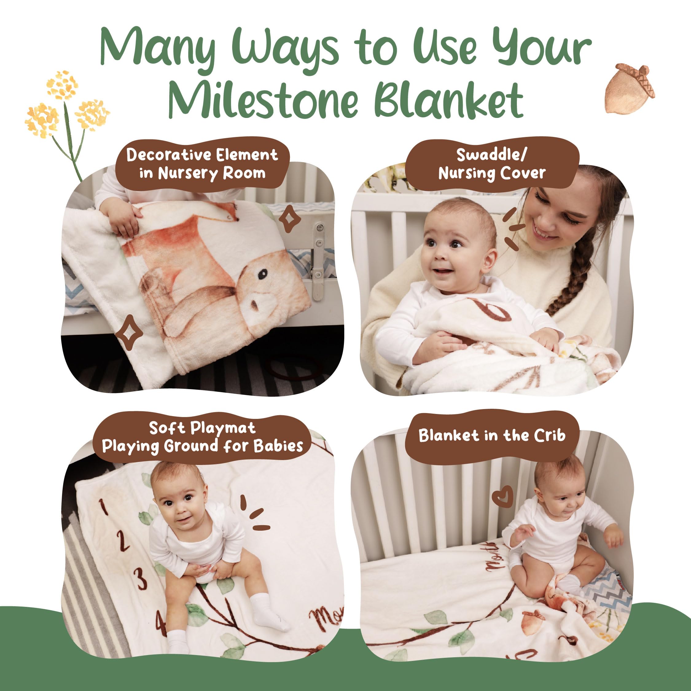 KooKooBaby Manta mensual de hitos para bebé, 47 x 47 pulgadas, manta mensual de forro polar para bebé con marcador de fieltro, manta de crecimiento de edad para bebé niño o niña, animales de guardería