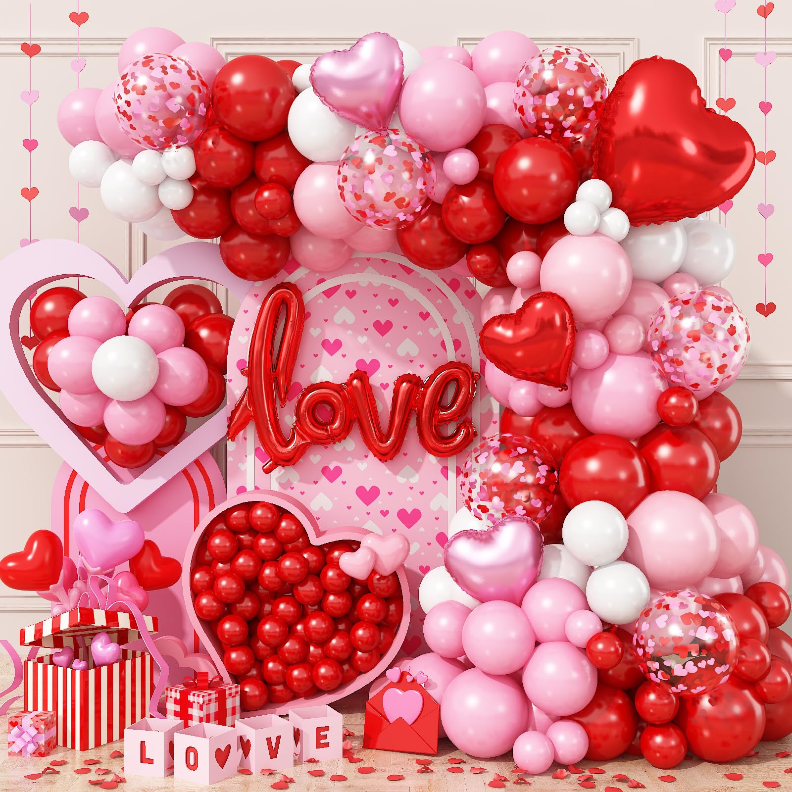 Valentines Day Balloon Arch Kit 114Pcs Red Pink White Balloon Garland Kit with Love Heart Foil Balloons Galentines Party Balloons Decorations for Marriage Proposal Engagement Wedding Mothers