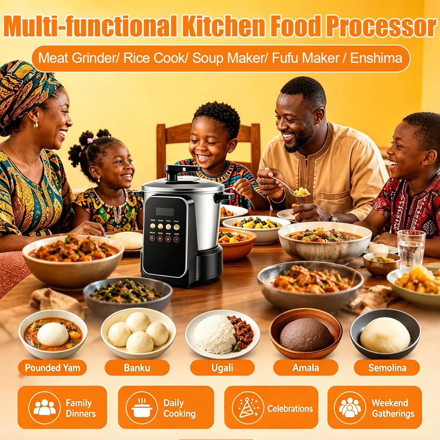 Procesador De Ñame Automático, Robot De Cocina Multifuncional | 900W, Capacidad 6L, 3 Velocidades Regulables, Fácil Limpieza, Para Fufu, Amala, Banku, Para 6-8 Personas