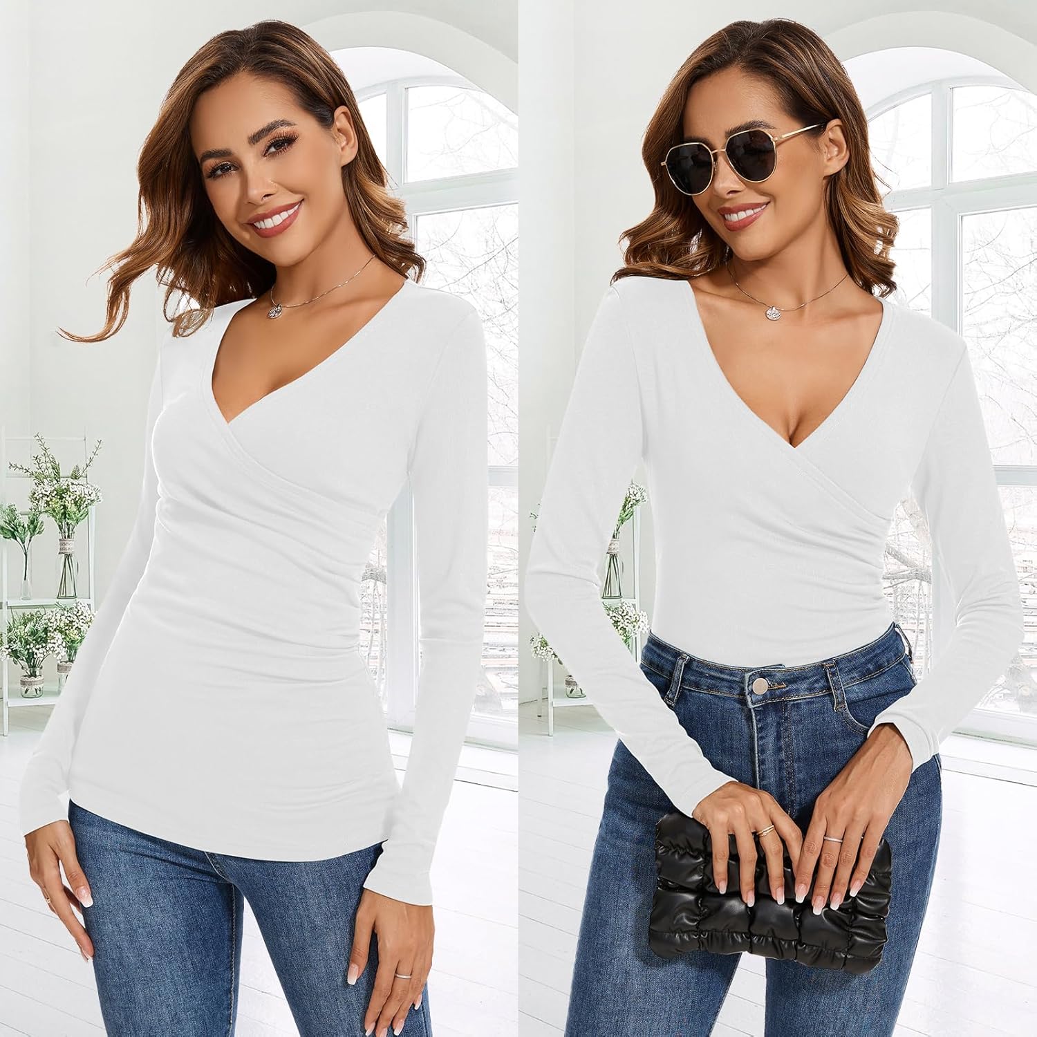 Women's Deep V Neck Wrap Tops Thermal Long Sleeve Shirts Sexy Fitted Tops Winter Fleece Lined Tunic Tops Warm Ruched Top - Image 2