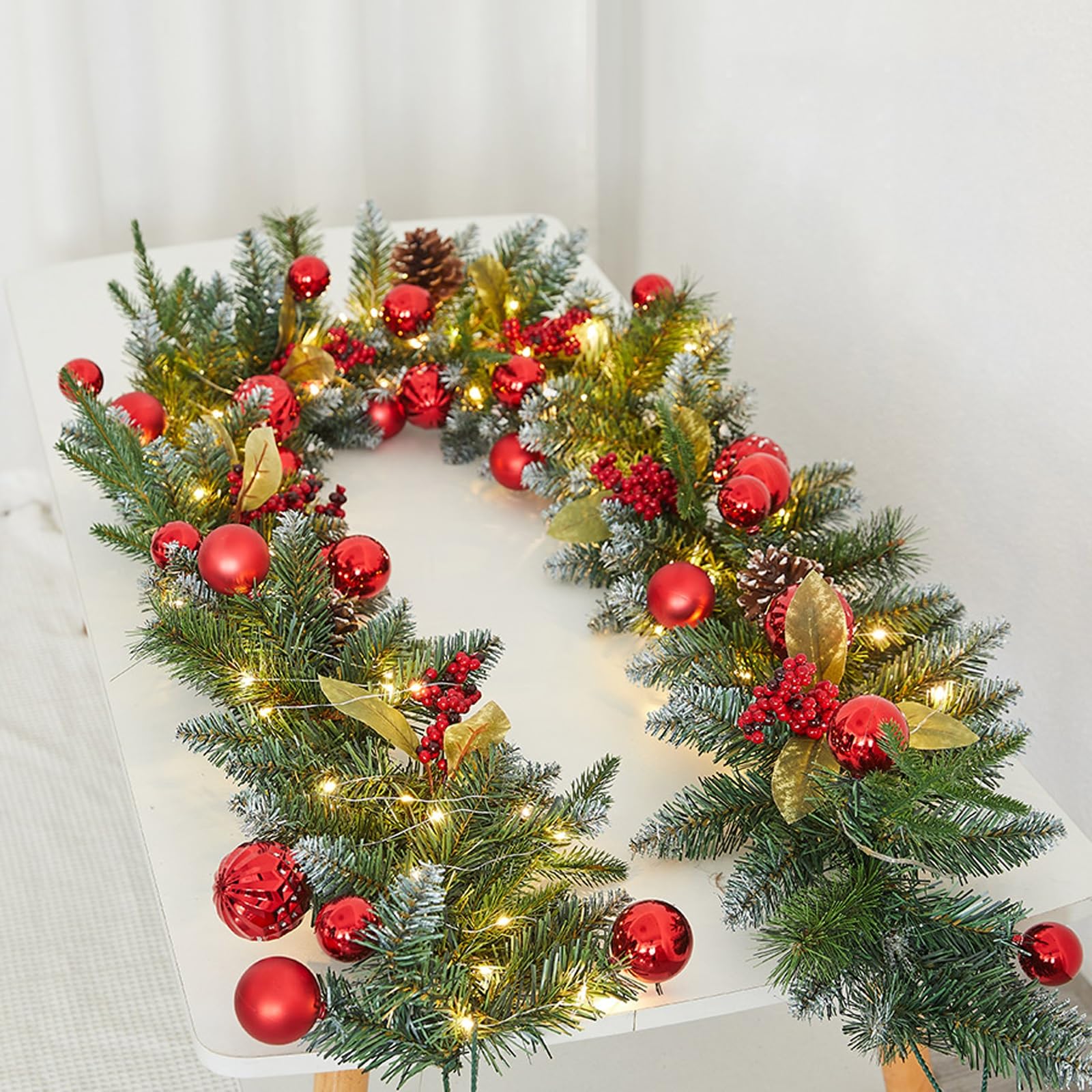 OPFdfhDFH Christmas wreaths, 6.5 FT Holiday Garland, Battery Powered with Pine Cones, Berry, Balls, Leaves, Christmas Decorations for Table Fireplace Door(Red)