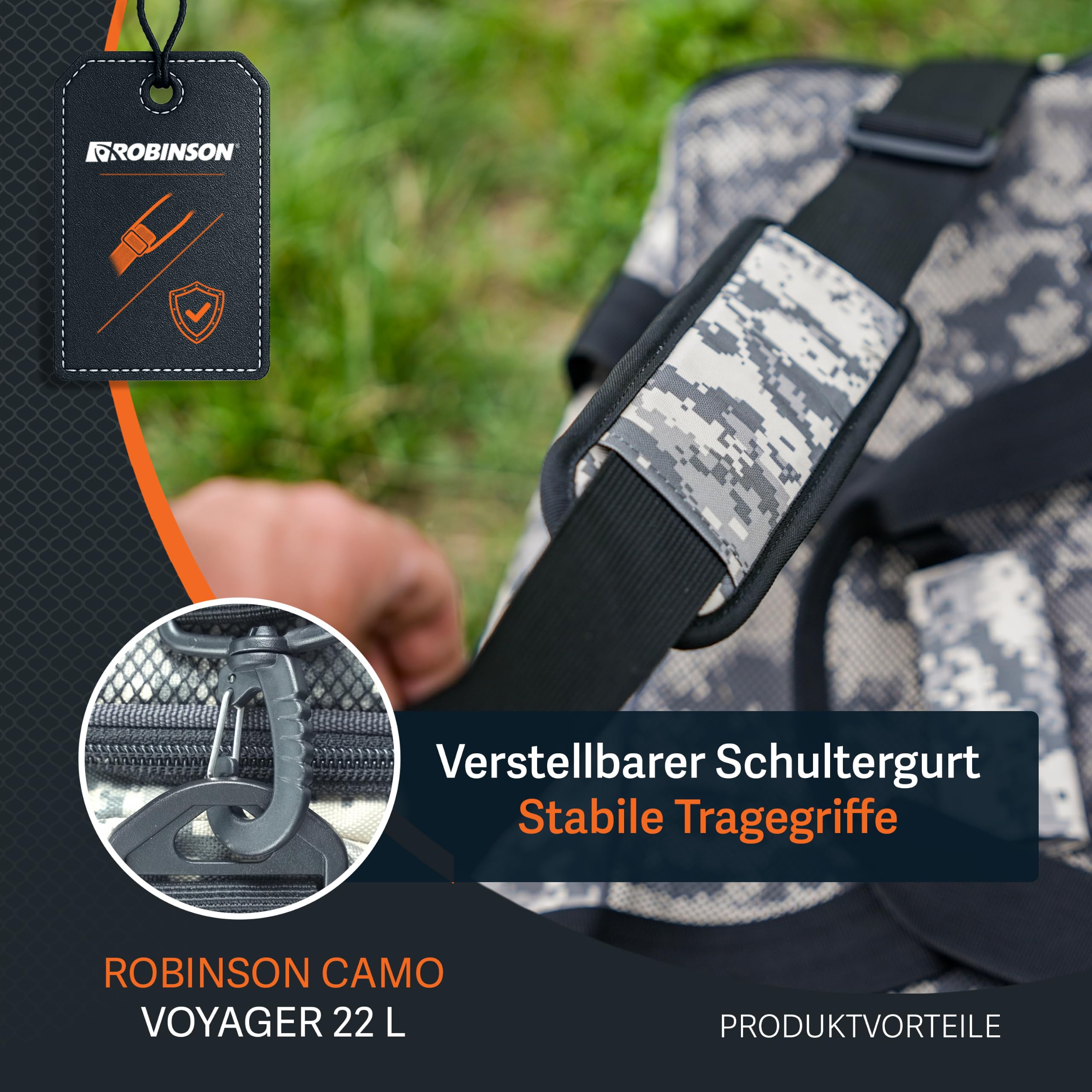 Robinson Angeltasche - Tackletasche mit Schaumpolsterung, Strapazierfähiges Reißfestes Material, Verstellbarer Tragegurt, Mehrere Außentaschen - Camo Voyager (L (22L) - 45x18x28cm)