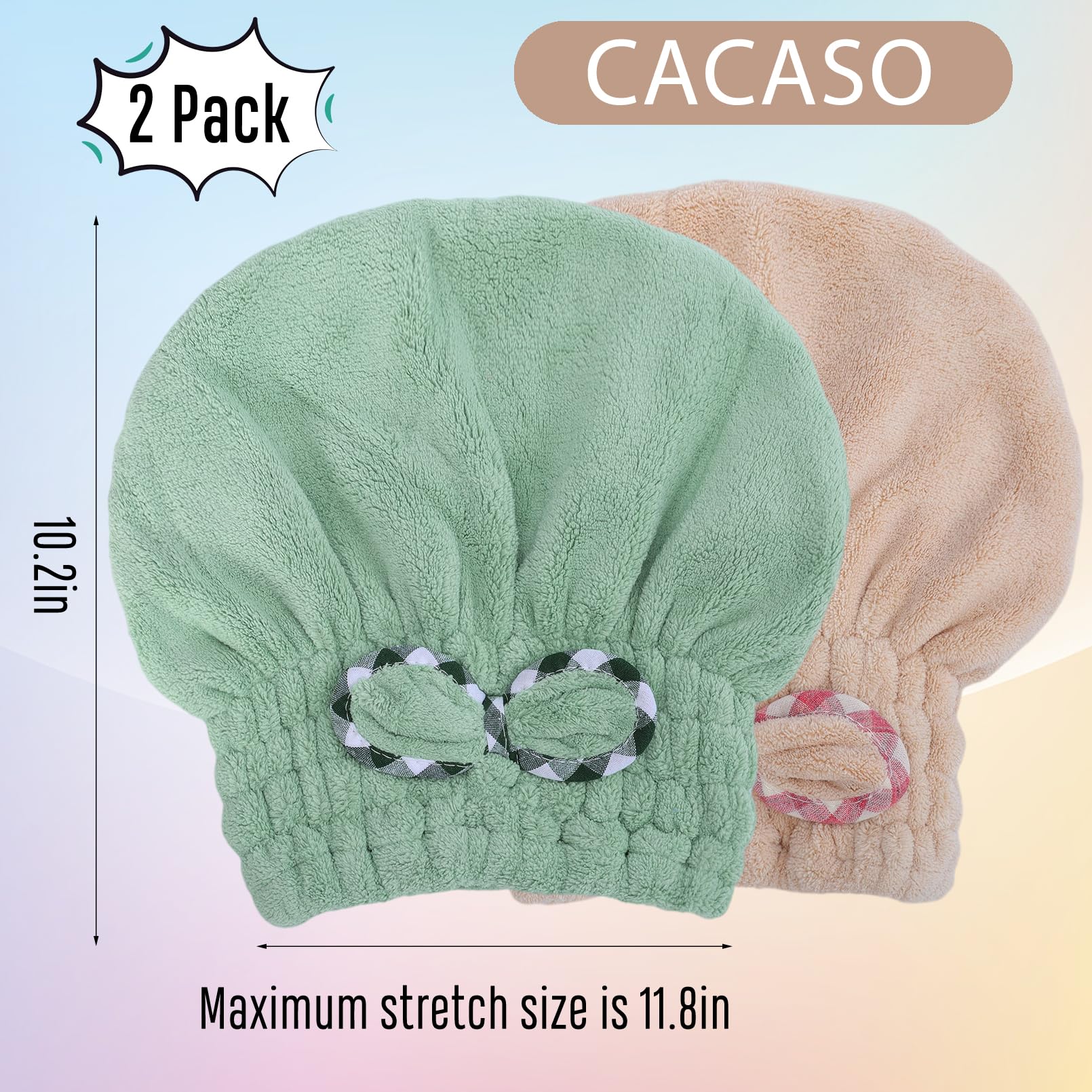 CACASO Microfiber Hair Drying Towel, 2 Pcs Fast Coral Velvet Absorbent Quick Dry Caps, Soft Towel for Women Wet Long Thick Hair (Khaki+Green)