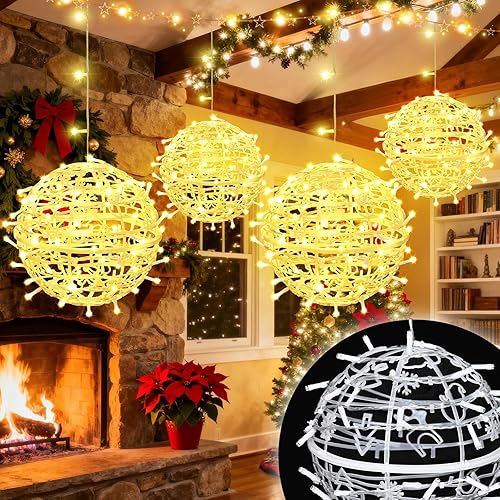 Paquete de 4 luces de bola de Navidad para exteriores, luces colgantes de globo de Navidad con 8 modos de iluminación, luces de árbol de esfera