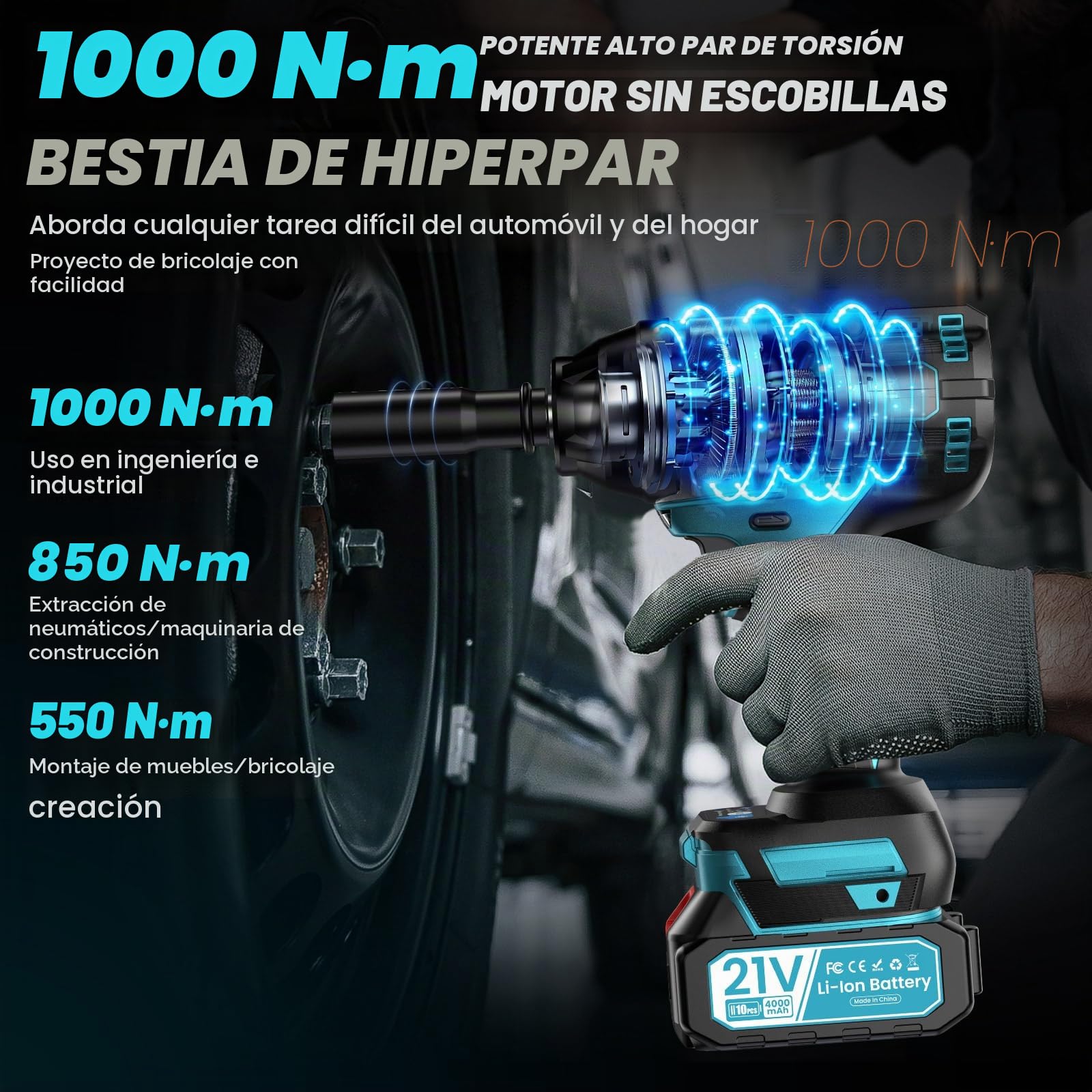 Pistola de Impacto a Batería 1000 Nm, Atornillador de Impacto de 2 Baterías de 4000 Mah, Motor Brushless, 4 Brocas, 4 Puntas de Destornillador para Coches, Camiones y Uso Doméstico.
