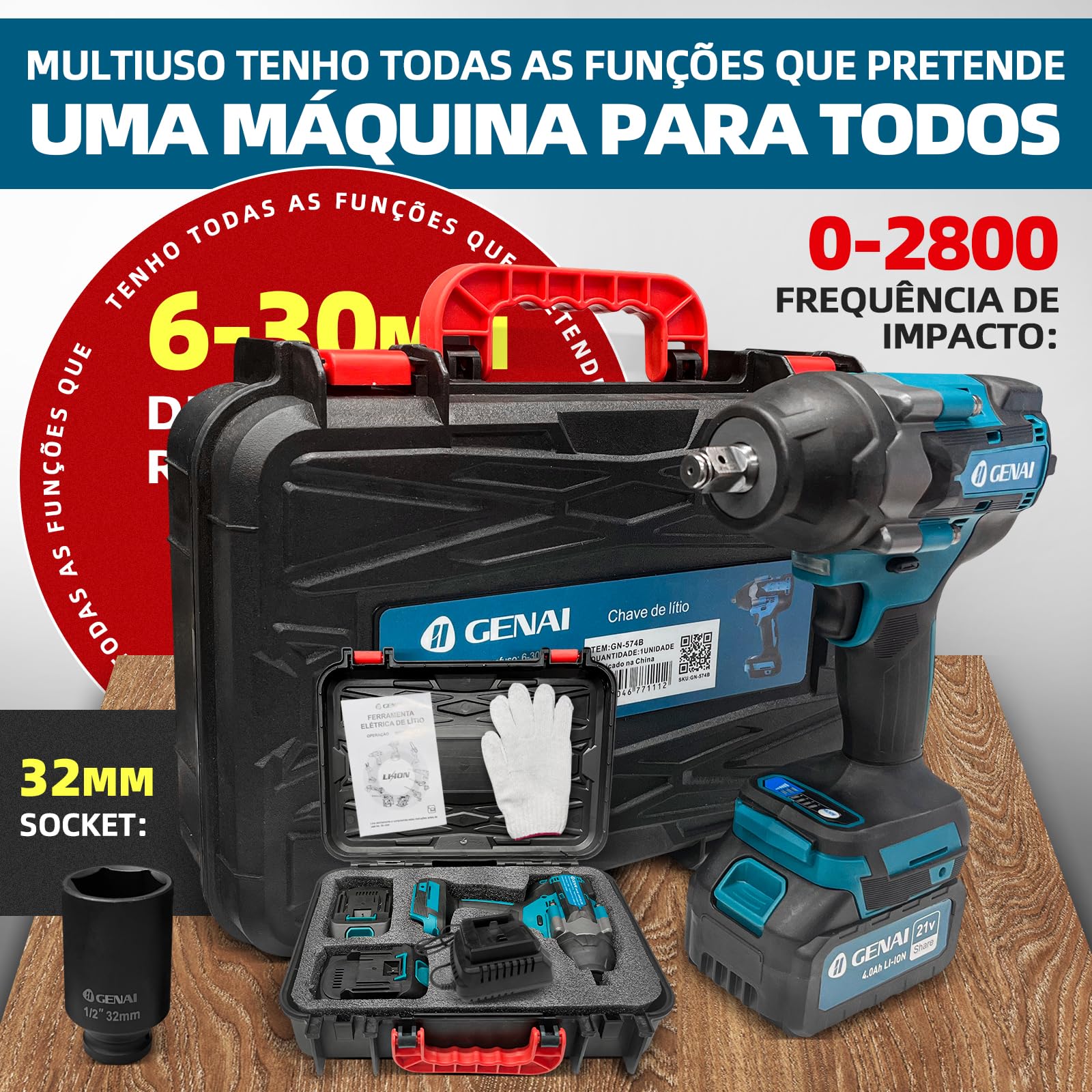 Chave Elétrica de Impacto sem Fio 21V com 2 Baterias, 700Nm Torque