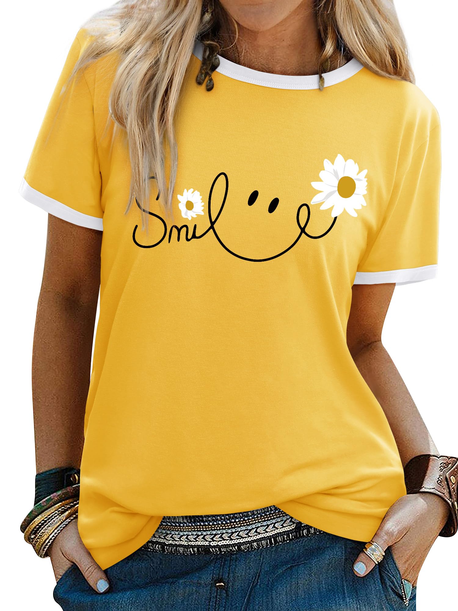 Yihelian Tshirts Frauen Rundhals Top Damen Daisy Print Kurzarm Tee Shirt Sommer Lächeln Brief Gedruckt Shirts