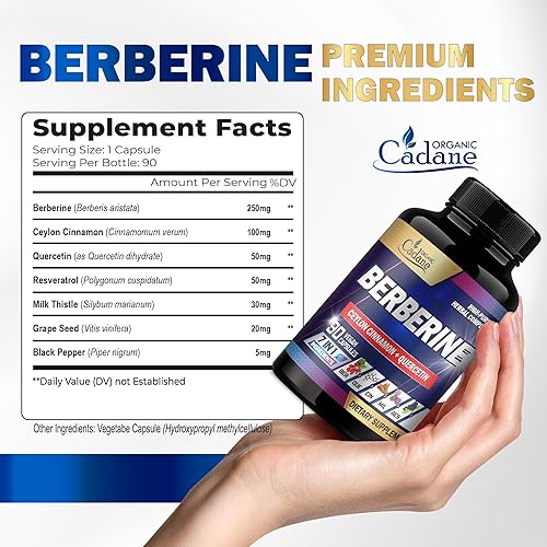 Miniatura 2 de Suplemento de berberina Cadane con canela de Ceilán, quercetina, resveratrol, cardo mariano, semilla de uva y pimienta negra, suministro para 3