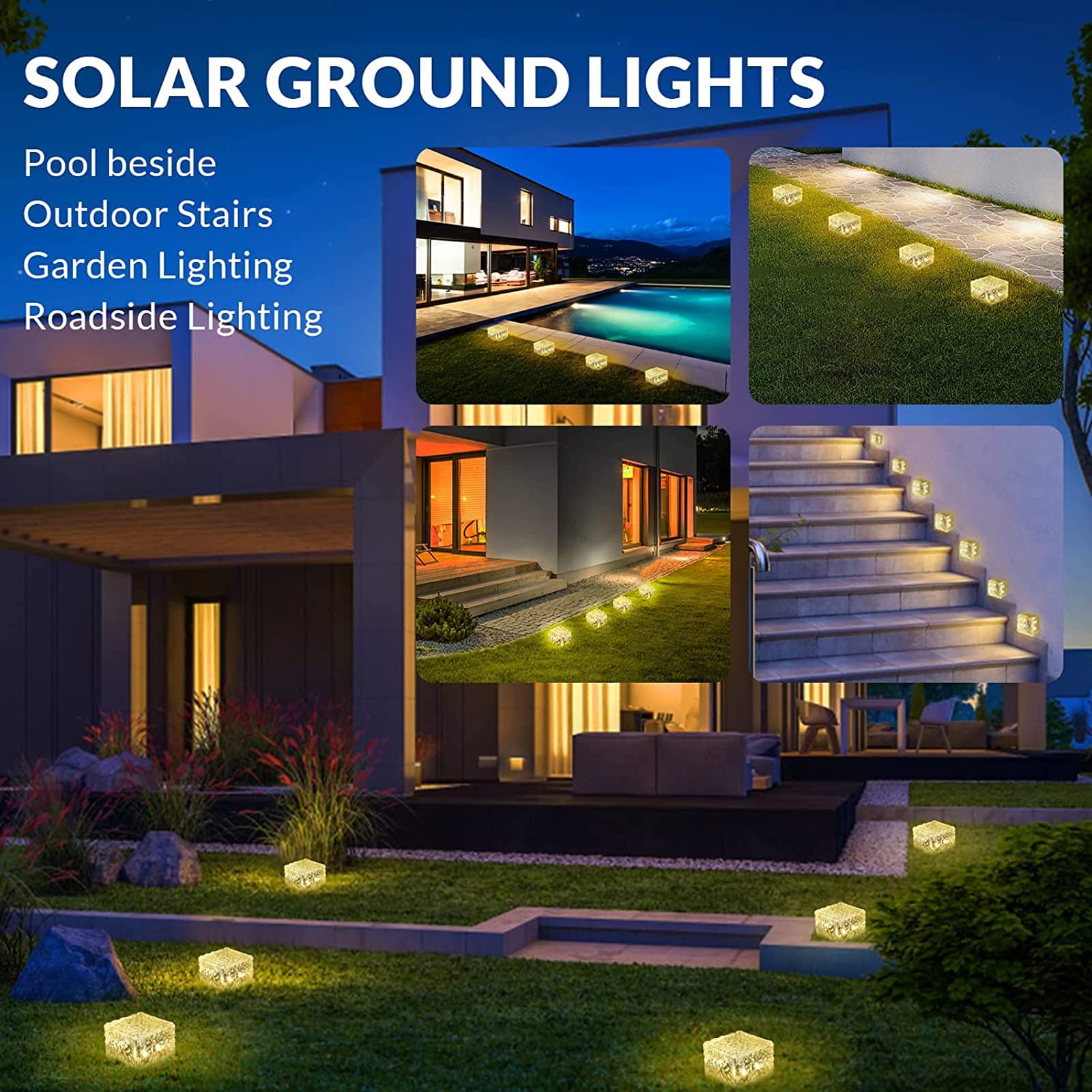 4 sztuki Led Solar Perły Kryształowe, Cegły Solarne Światła, Wodoodporne Światła Auto On/Off Solar Deck Outdoor, Solar Lights Led Outdoor Garden,dla CeSped Taras Schody Dziedziniec (kolor ciepły)