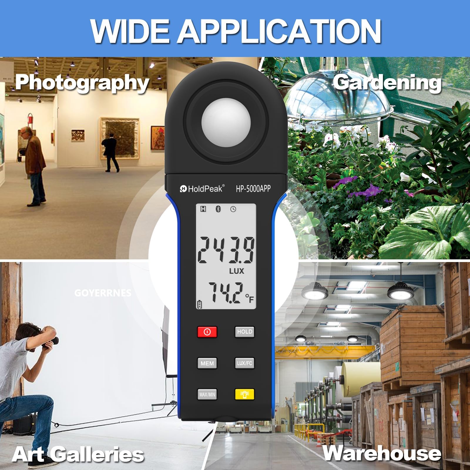 Luxmetro Digitale Tester per Misurazione Luminosita 400,000 Lux 5000APP, Misuratori di Luce, Posemetro Digitale Portatile Ambientale, per Luce LED/Piante, Rotativo 270º, APP Operazione