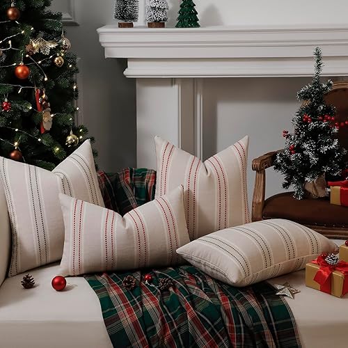 Miniatura 3 de Hckot Juego de 2 fundas de almohada navideñas de 20 x 20 pulgadas, fundas de almohada de lino con textura, fundas decorativas cuadradas para sofá,